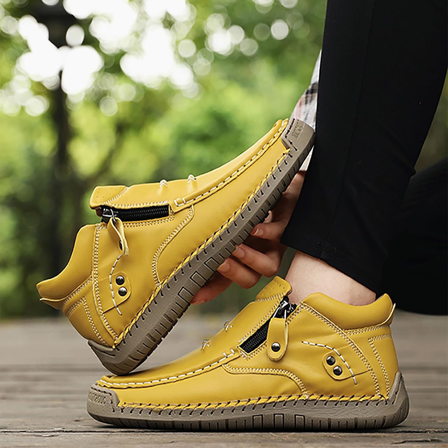 Women Leather Handmade Ankle Boots With Side Zippe Casual Lightweight Mid Top Hiking Loafers Comfortable Non-Slip Driving Walking Shoes image 2