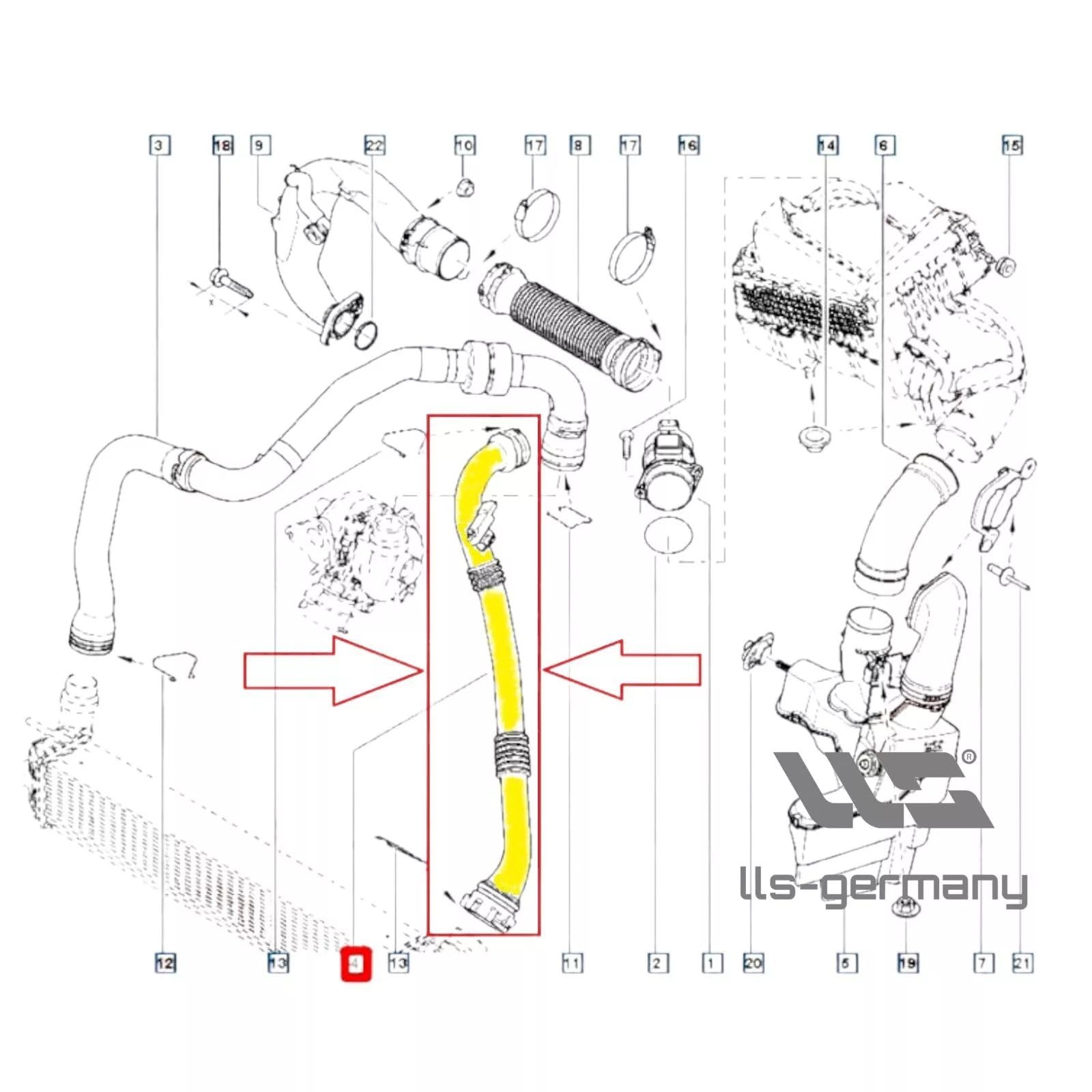LLS-GERMANY Tubo Turbo compatible con Ren ault Laguna III (BT0/1), Laguna III Grandtour (KT0/1), 1.5 dCi, 110 PS, 144606143R, 8200837118, conexión original HENN