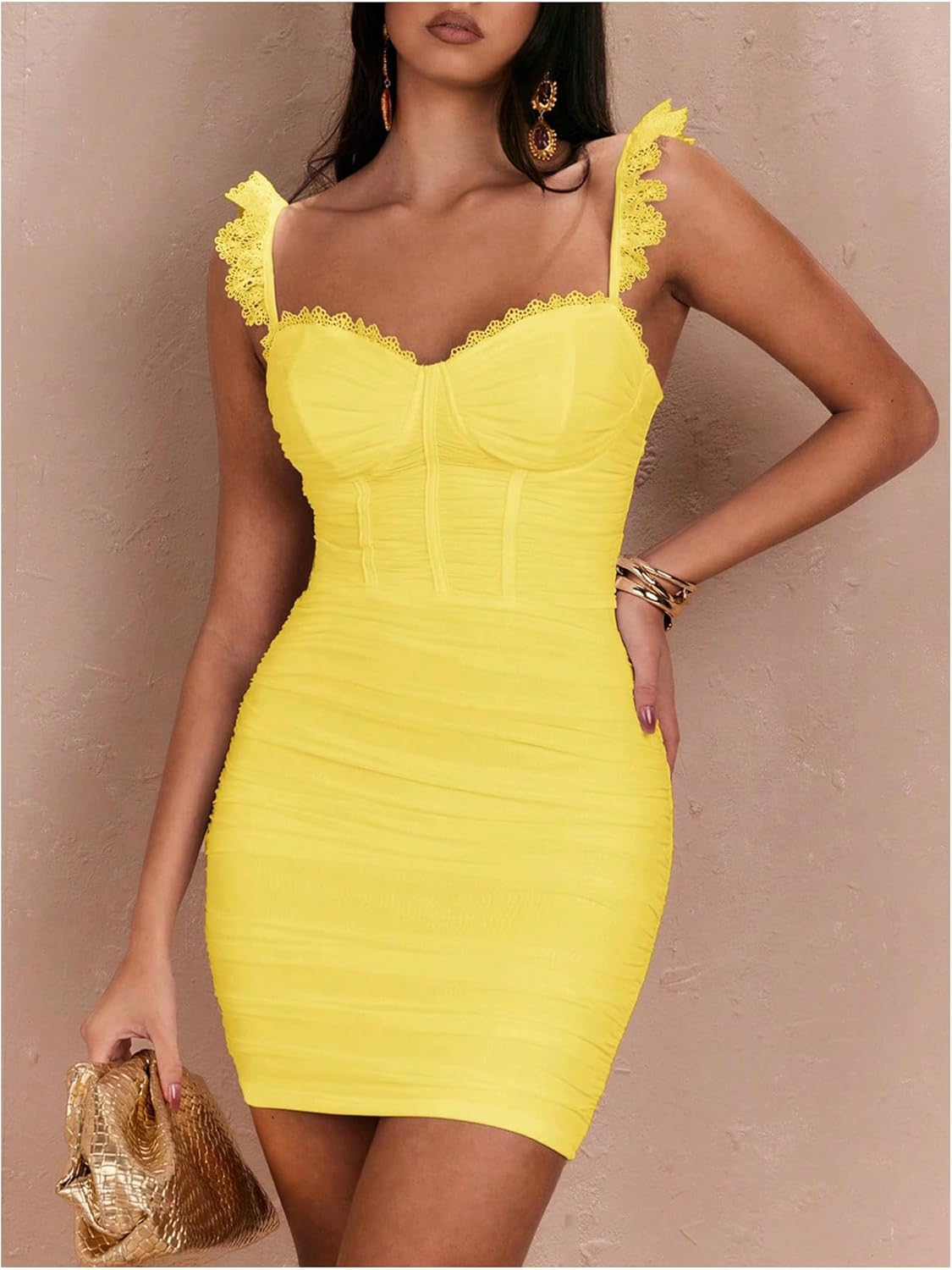 Floerns Women's Lace Trim Sweetheart Neck Ruched Corset Dress Sleeveless Mini Pencil Dresses - Image 4