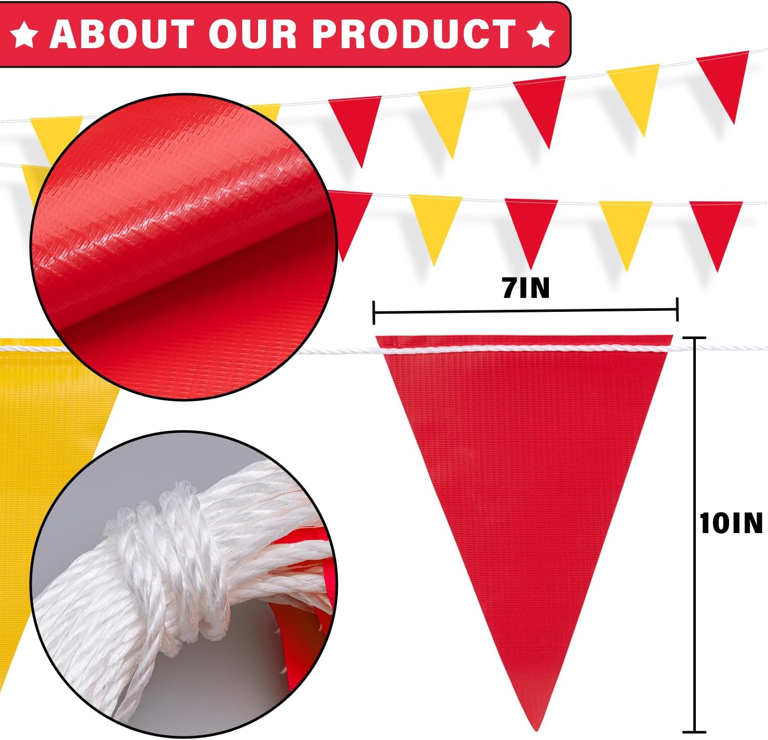 105ft Pennant Banner Flags, 7x10 Red and Yellow 45 Pcs High Visibility Safety Flagging on String, Triangle Pool Flag for Backstroke, Construction Events Party Decoration Parking Marking Outside - Image 2
