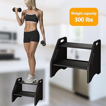 AMBIRD Wooden Step Stool - Two-Step 300 lbs Capacity With Safety Non-Slip Pads and Handles, Bamboo for Bathroom, Kitchen, Dual Height for Adults (Black)