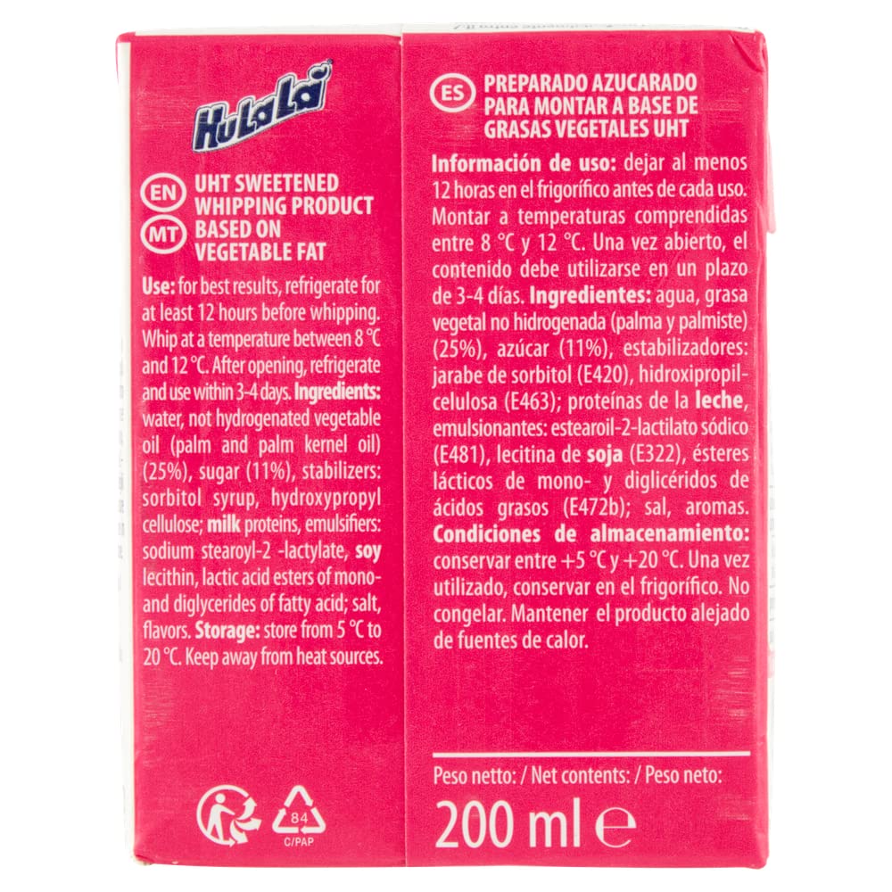 24x Hulalà Panna da montare zuccherata gesüßtes Süßwarenprodukt Sahne zu montierendes 200ml laktosefrei und frei von gehärtetem Fett Italienisches Produkt basierend auf pflanzlichen Fetten