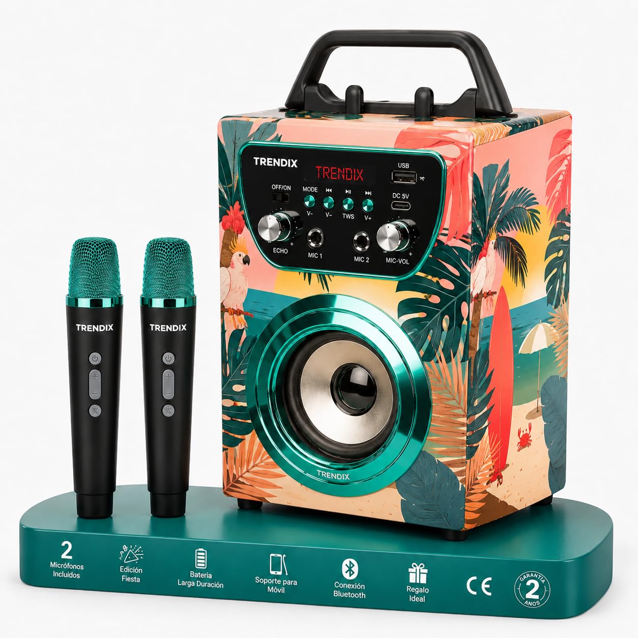 Trendix - Karaoke 2 Microfonos Inalambricos Tropical Vibes | Karaoke Infantil | Altavoz con Microfono | Altavoz Bluetooth con Microfono Y Radio FM | Regalo Comunion Niño | Regalo Niña