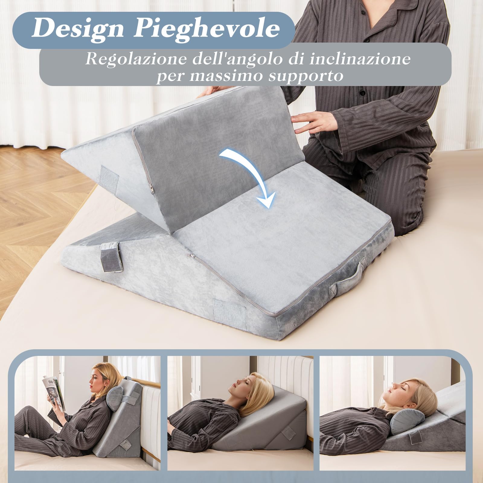 COSTWAY Set di 3 Cuscini a Cuneo per Letto, Cuscino Inclinabile Regolabile con Schiuma Memory Air, Set di Cuscini Alleviare il Dolore alla Schiena (Grigio)