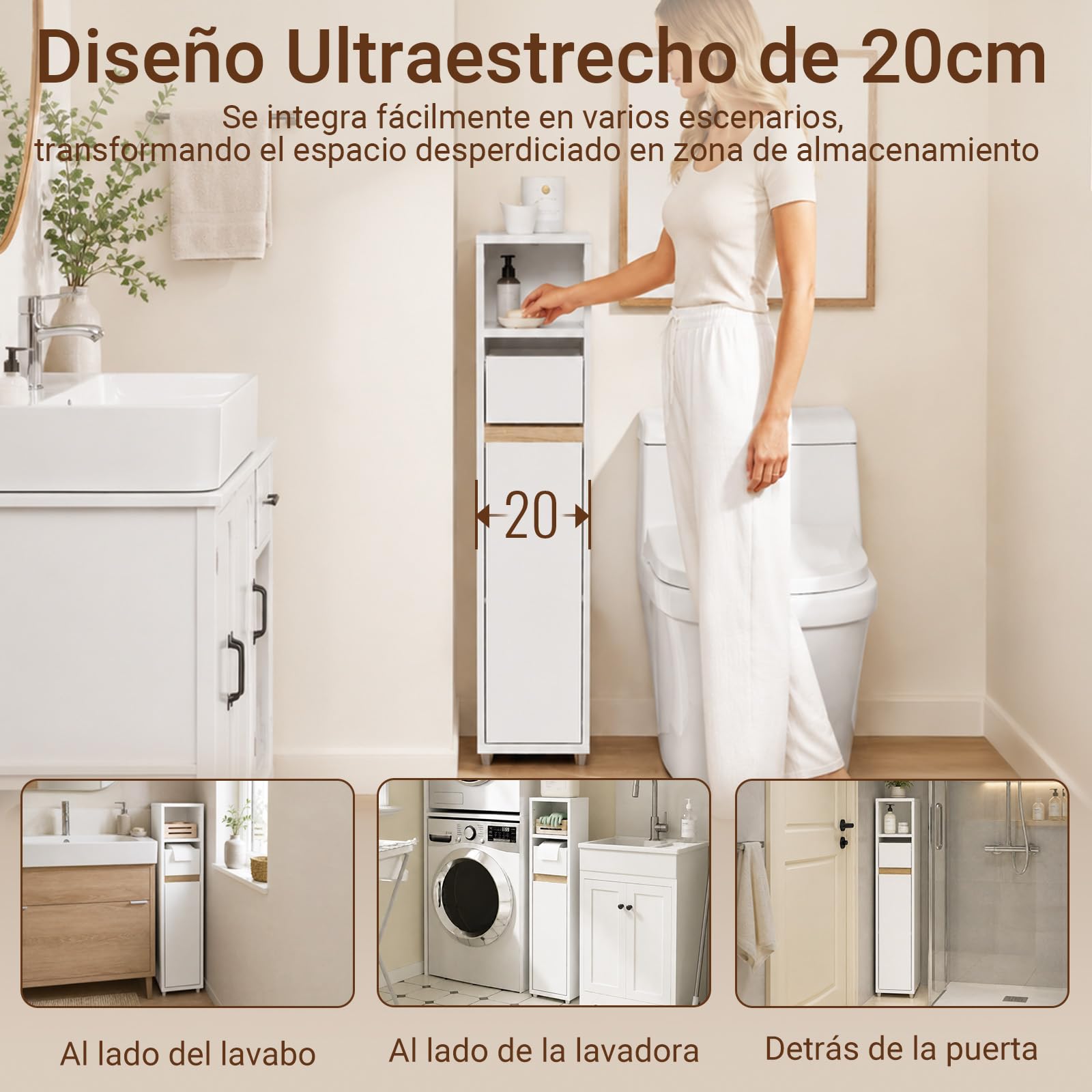 SoBuy Mueble Baño Auxiliar Armario Estrecho Columna 20x20x96cm para Aseo | Con Cajón & Balda Ajustable para Espacios Reducidos Mueble Almacenaje Blanco BZR151-W