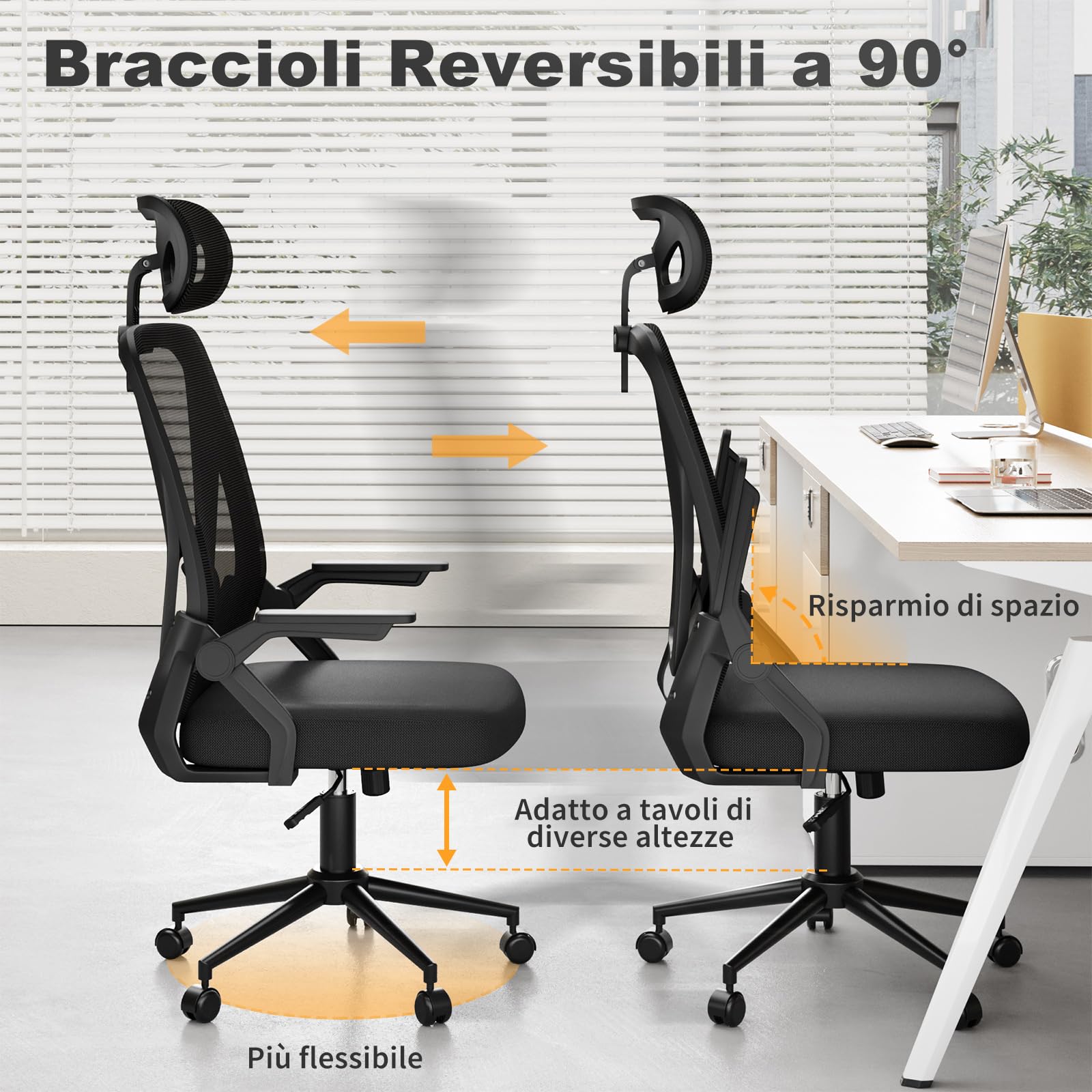 naspaluro Sedia da Ufficio,Con Braccioli Ribaltabili a 90°,Sedie Scrivania Ergonomica Lombare, Con Poggiatesta, Rivestimento in Rete Traspirante, Sedia Girevole a 360° Con Funzione Swing,Nero