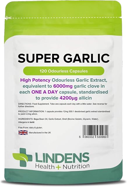 Lindens Super Garlic Odourless Capsules - 120 Pack - High Strength 6000mg (4200mcg Allicin) - Contributes to Normal Muscle Function, Heart Health and Immune Health - UK Manufacturer, Letterbox Friendly