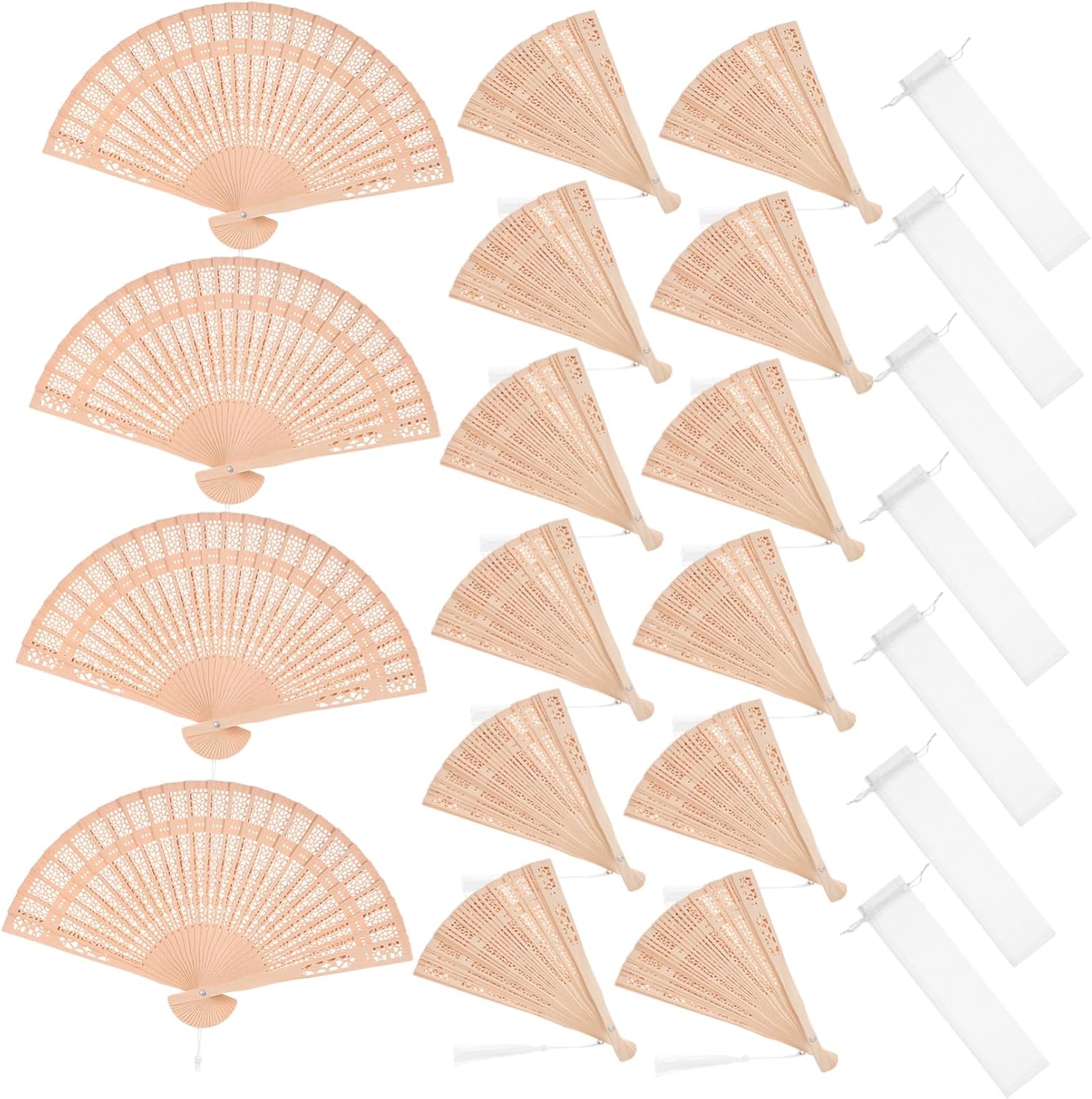 BESTYASH 50pcs Vintage Handheld Folding Fans Wooden Hand Fans Tassel and Organza Bag Elegant Party Favors for Weddings Tea Parties and Special Occasions