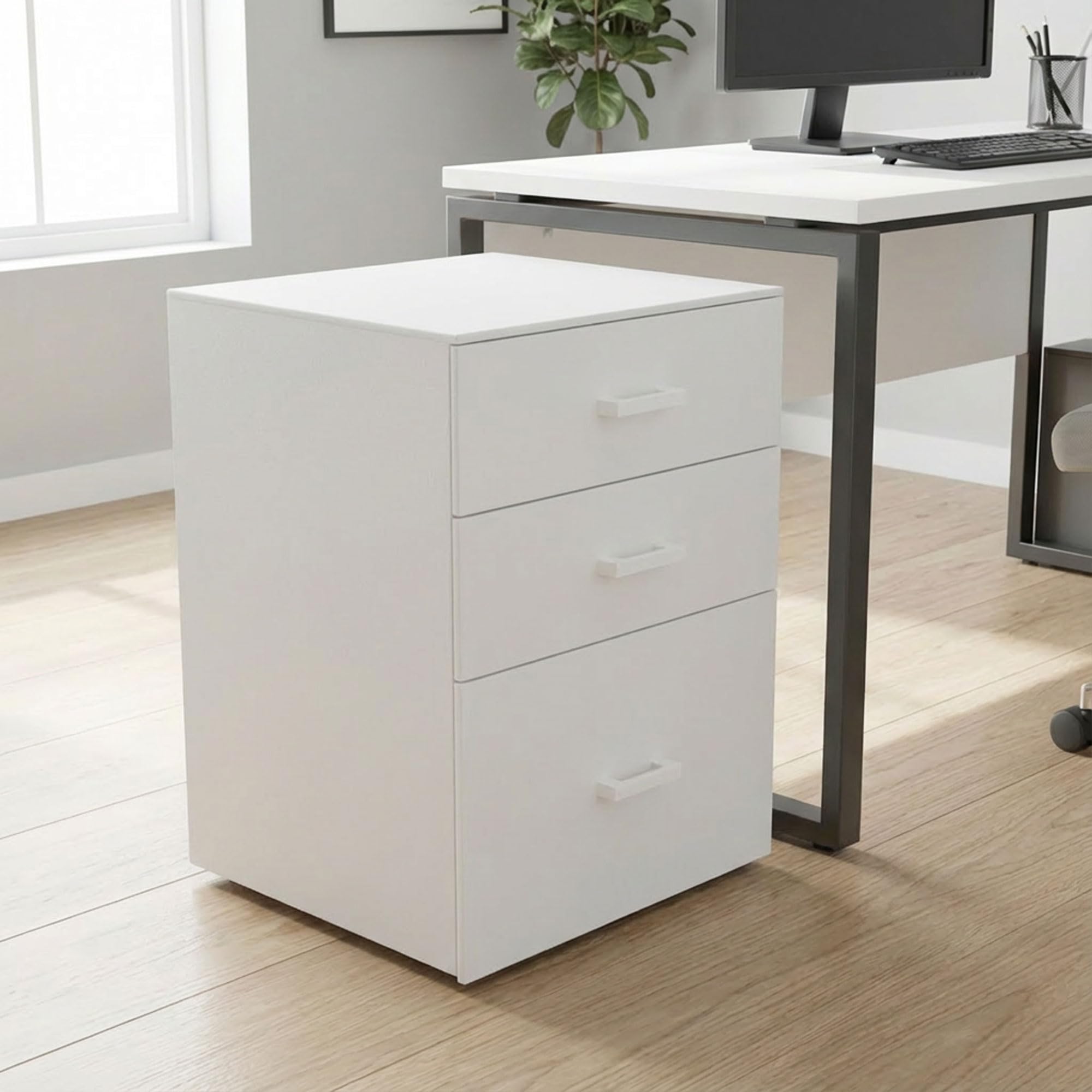 Frankystar Lyra - Cassettiera Porta Stampante 3 Cassetti da Ufficio con Ruote in Legno MDF Bianco