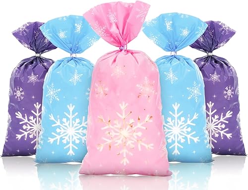 Whaline 150 bolsas de celofán de Navidad, color rosa, azul, morado, copo de nieve, caramelos, galletas, bolsas de plástico con lazos giratorios disponible en Yaxa Peru