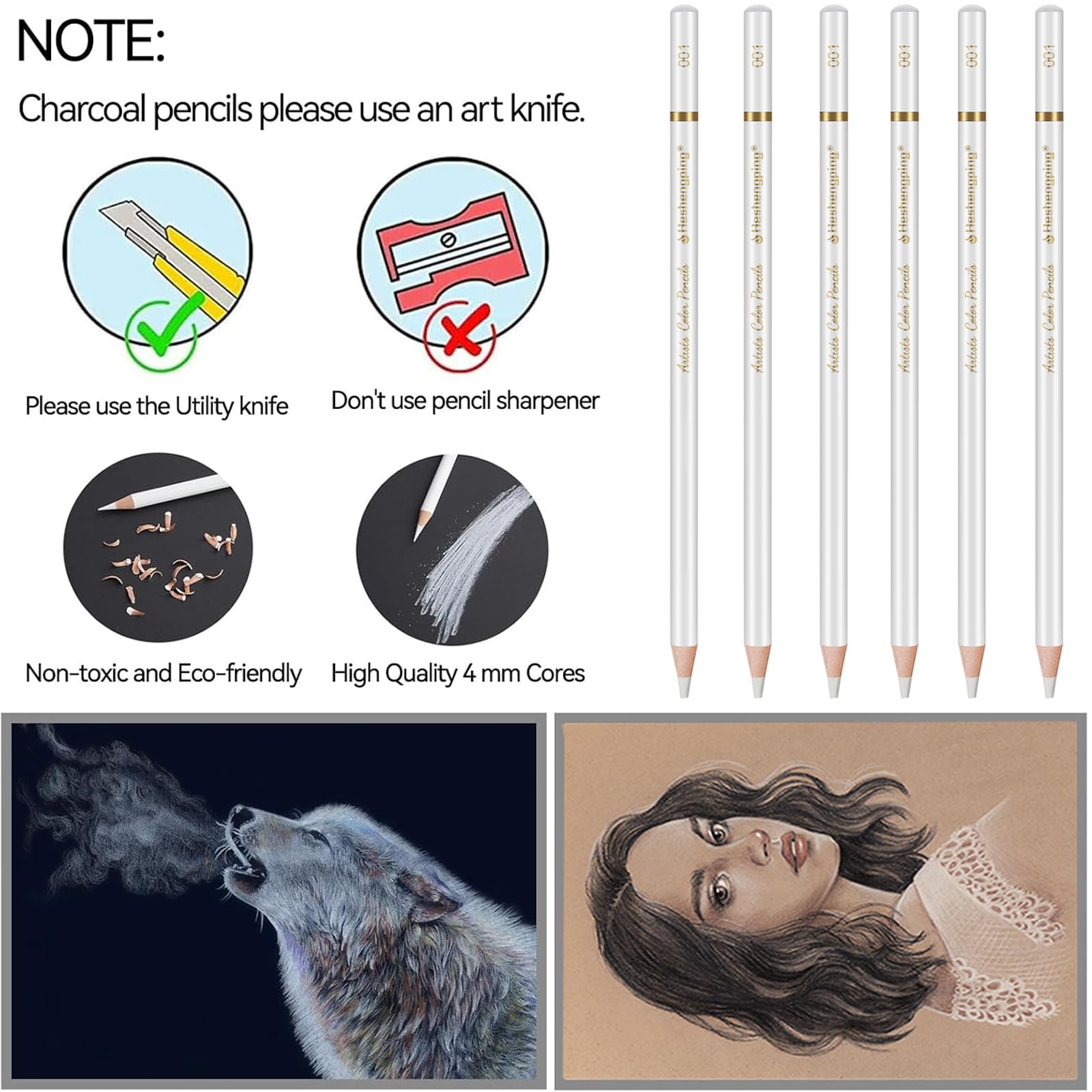 Lápices de carbón blanco, paquete de 6 lápices profesionales de carbón, lápices de dibujo blancos para bocetos, sombreado, mezcla, tiza para principiantes y artistas, suministros de arte para dibujar
