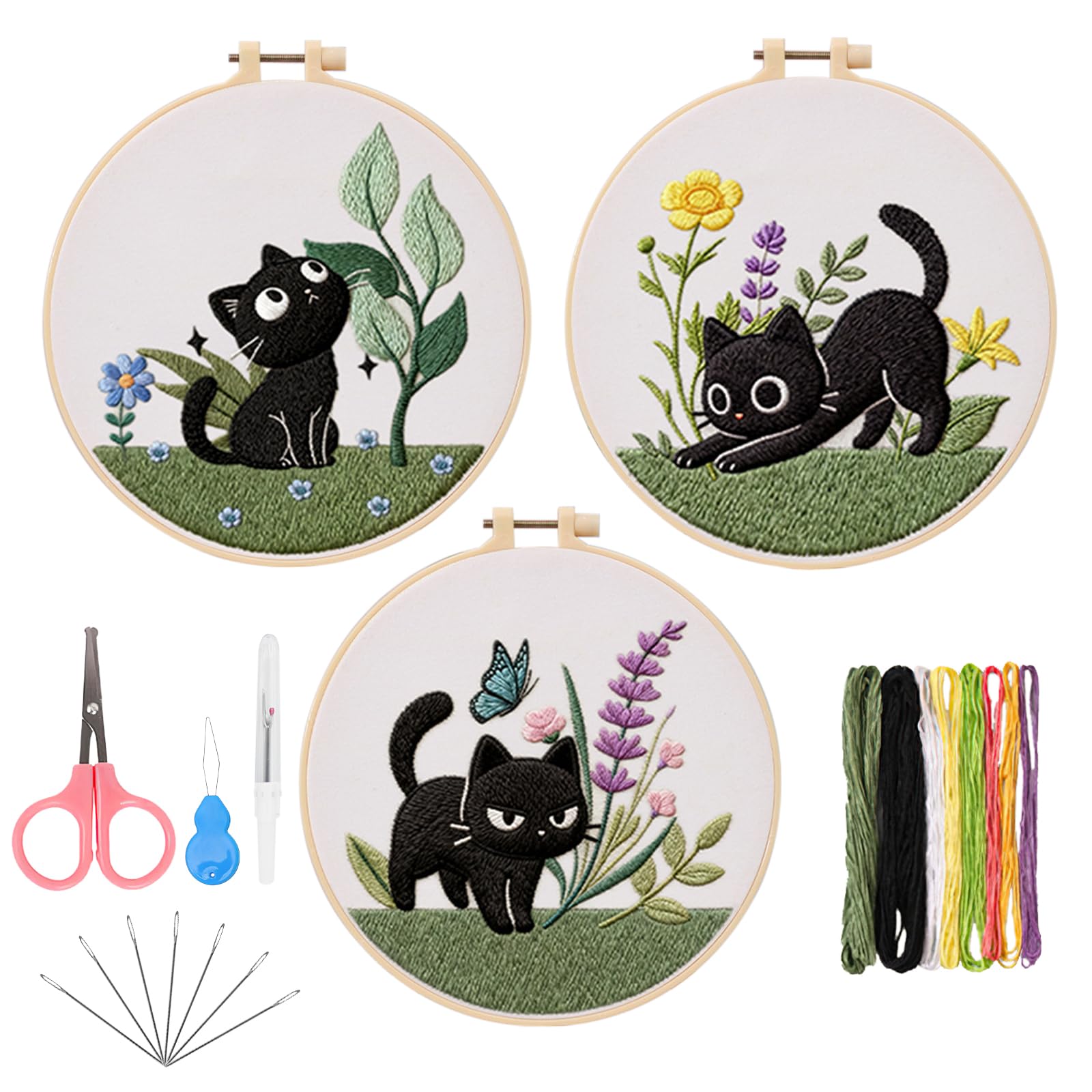 3 PCS Embroidery Kit for Beginners, Adult Embroidery Starter Kit with Adorable Cat Patterns, Complete Hand Embroidery Set Includes 3 Embroidery Clothes, Hoops, Color Threads, Needles and Tools