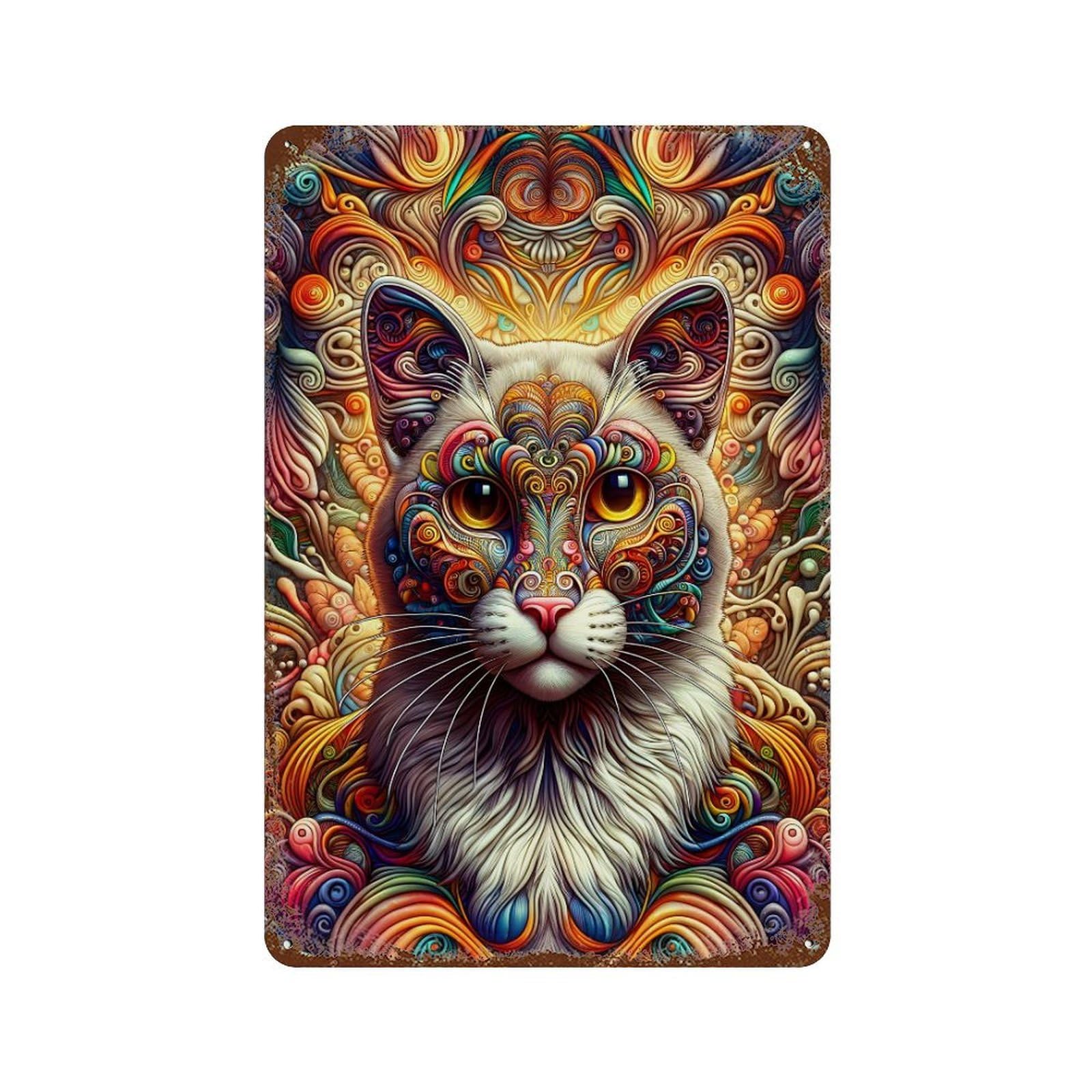 Colorful Cat Artwork Aged Metal Wall Plaque 11.8"x7.9", for Office, Studio And Wall Decor, Novelty Wall Decor
