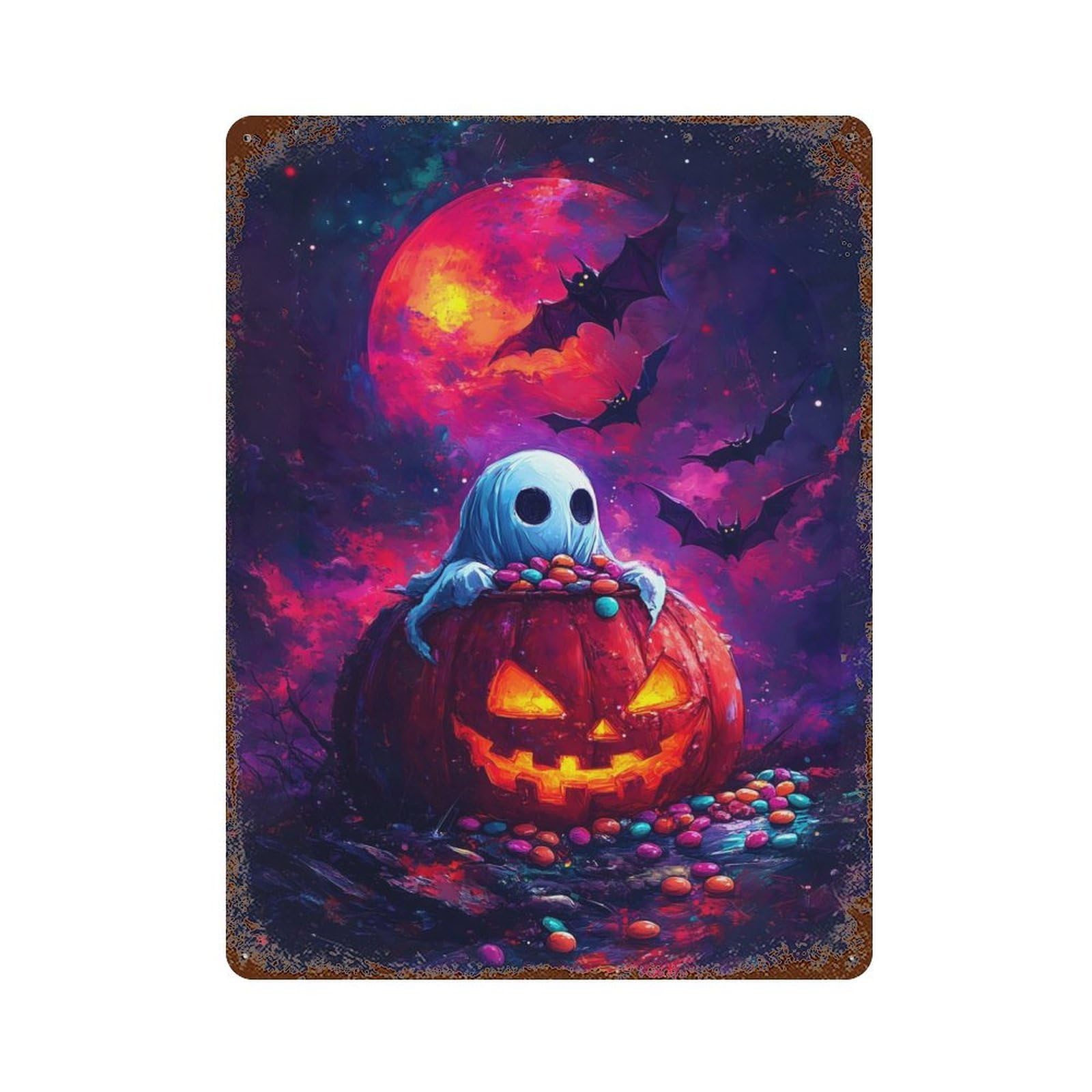 Garage Style Ghost in Pumpkin Distressed Metal Wall Sign 15.7"x11.8", Novelty Wall Decor for Bar And Workshop