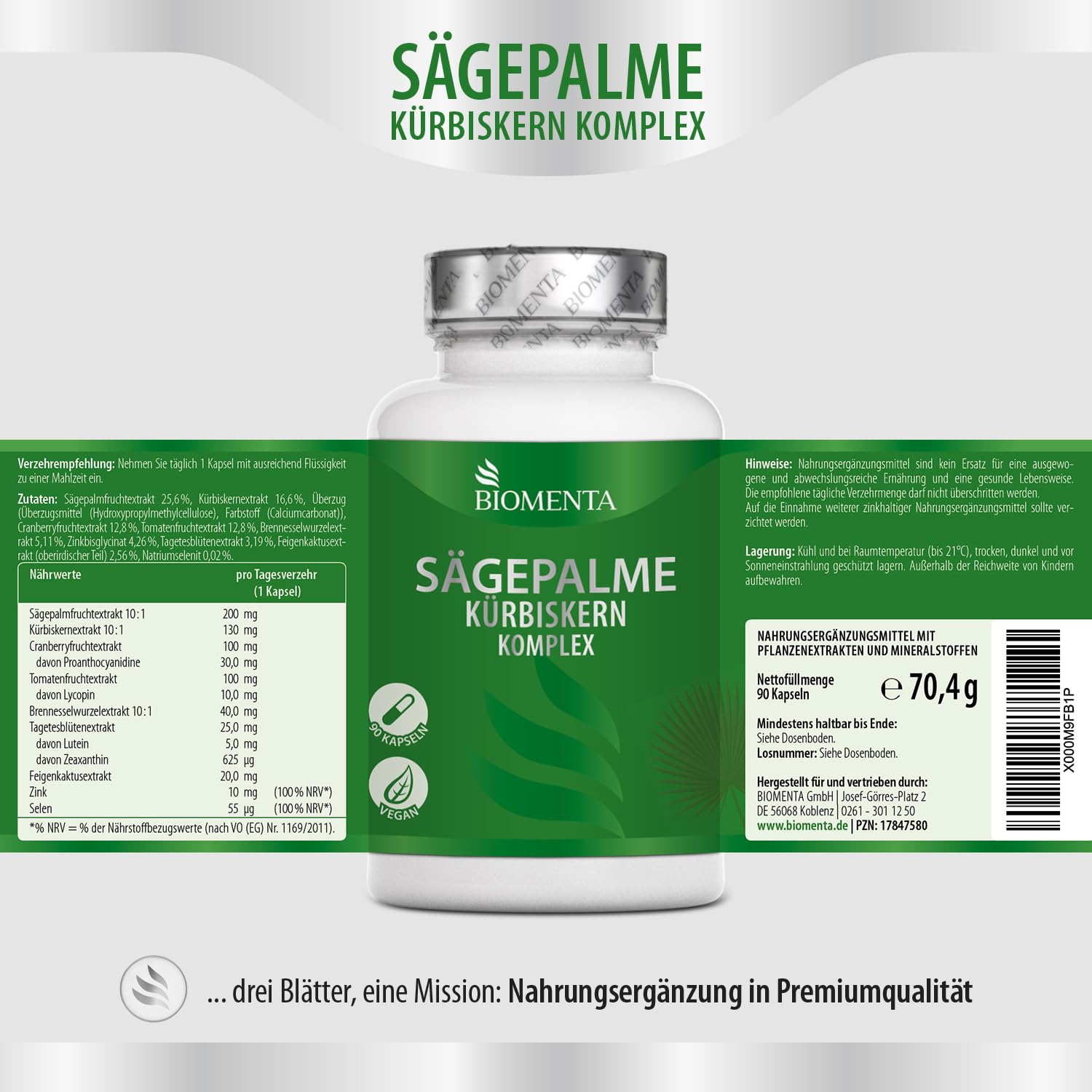 BIOMENTA Sägepalme Kürbiskern Komplex – 90 hochdosierte Kapseln - synergetischer Wirkstoffkompex + Cranberry, Tomate, Brennessel, Lutein, Zeaxanthin, Feigenkaktus + Zink & Selen
