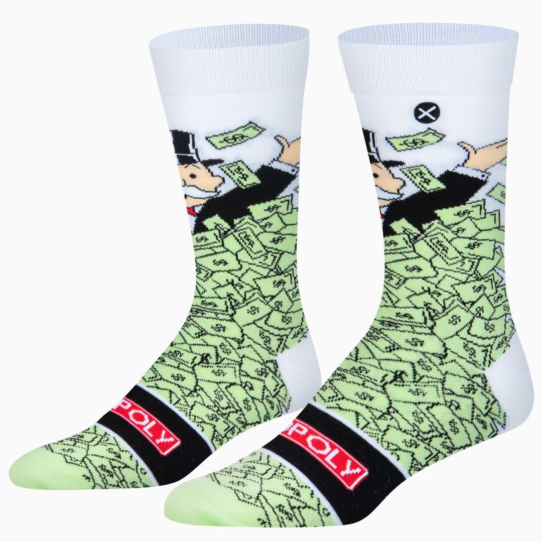 Odd Sox Unisex Monopoly Windfall Funny Crew Socks, Monopoly Board Game Assorted Styles, Adult Large 8-12, Large