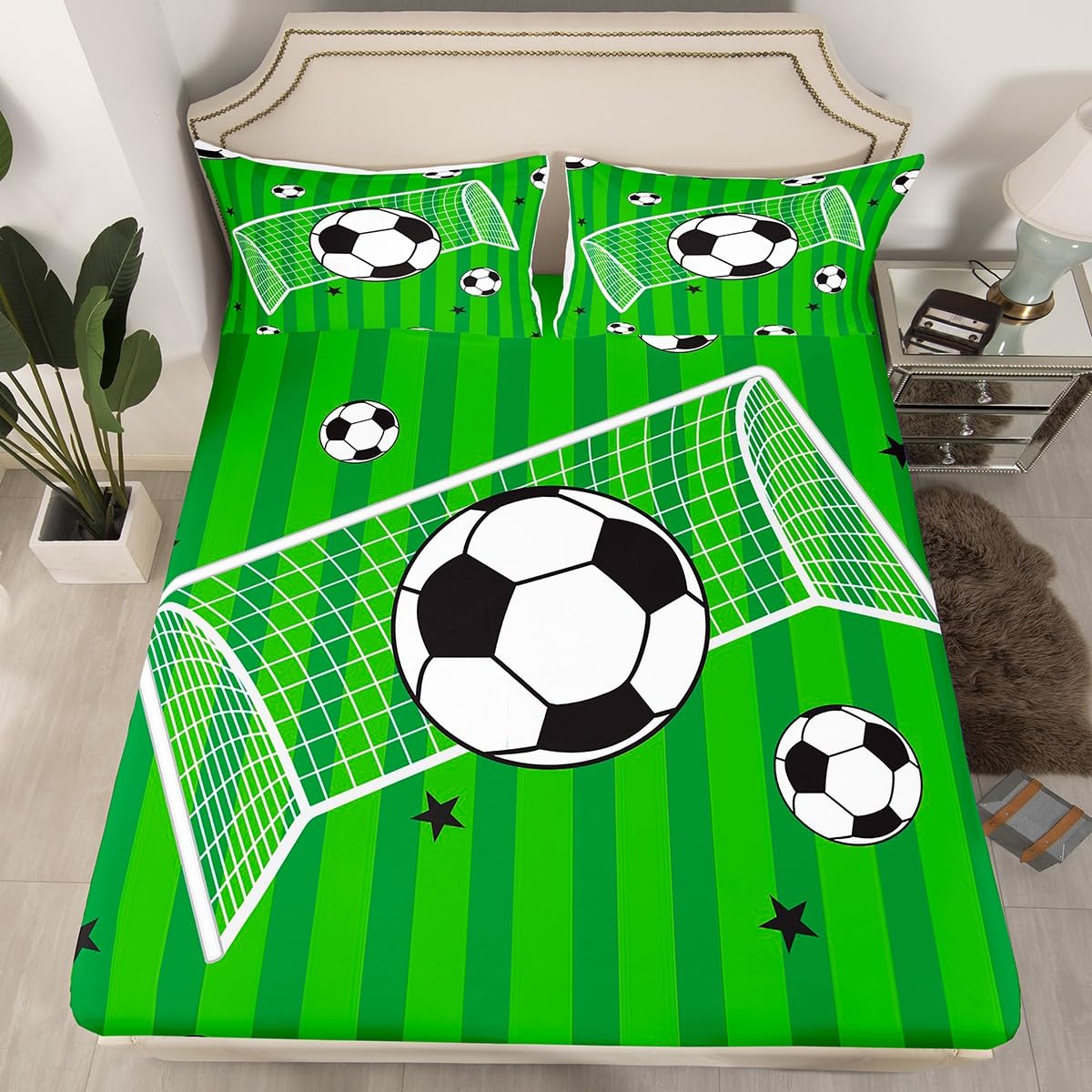 Homemissing Football Bed Sheet Set Double Size American Football Player Fitted Sheet for Kids Soccer Ball Game Bedding Set Women Men Teens Ultra Soft Decor Soccer Field Bed Cover