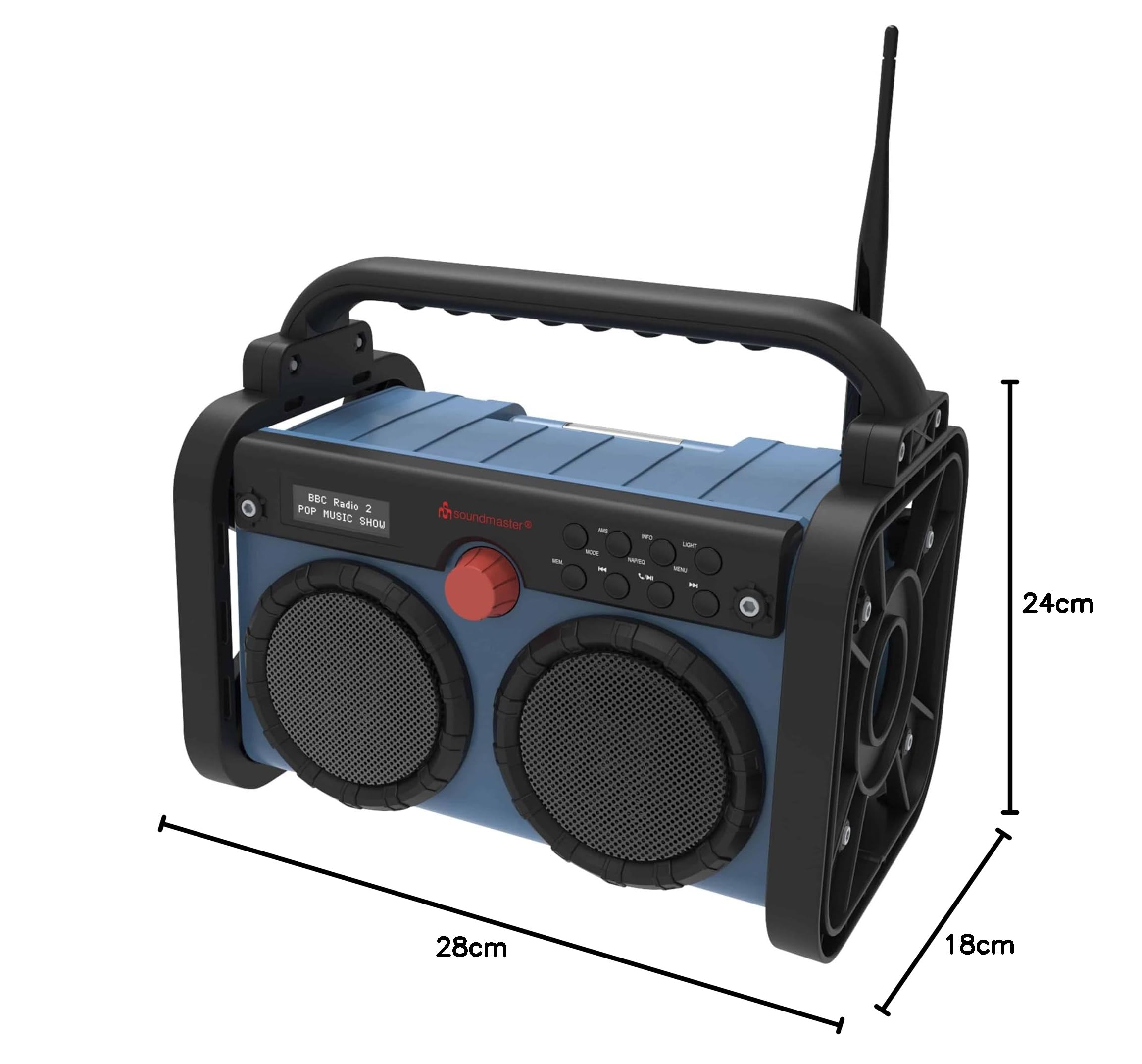 Soundmaster DAB85BL Radio Estéreo para obras de jardín, radio digital DAB+ UKW-RDS, Bluetooth, batería de ion de litio IP44, resistente al polvo y salpicaduras