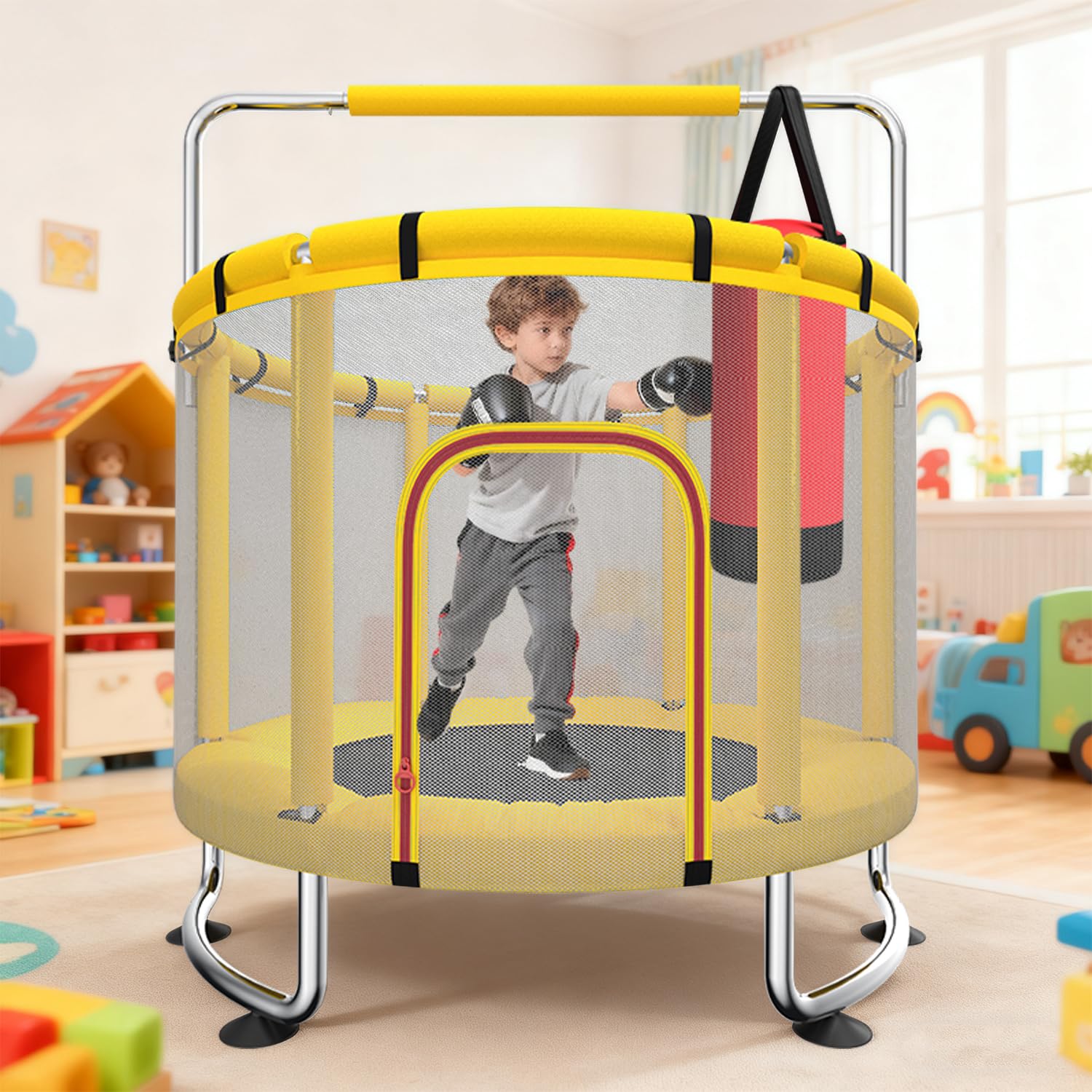 Trampoline pour Enfants 140 cm intérieur/extérieur – Charge maximale 50 kg avec Filet de sécurité, Barre de Gymnastique réglable et Panier de Basket, Cadeau pour garçons et Filles