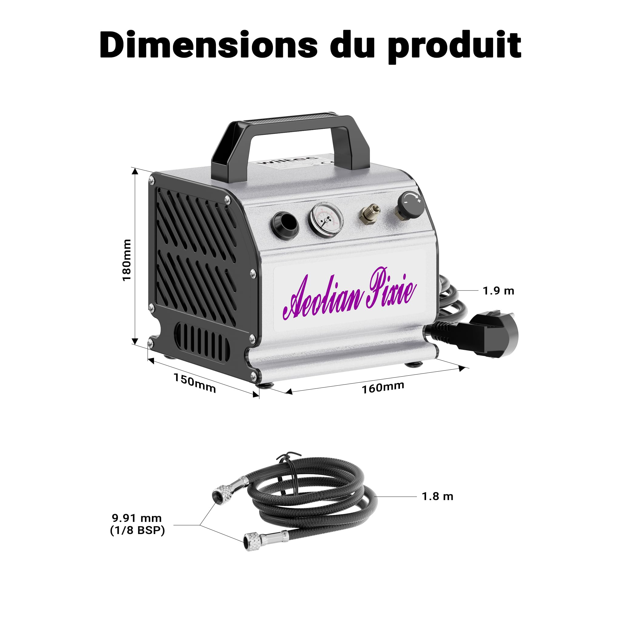 Wiltec Compresseur à membrane Aérographe Airbrush AS176 – Monocylindrique, portatif, silencieux – 3 bar – Diaphragme – Sans huile – Pour aérographie, modélisme, manucure, tatouage
