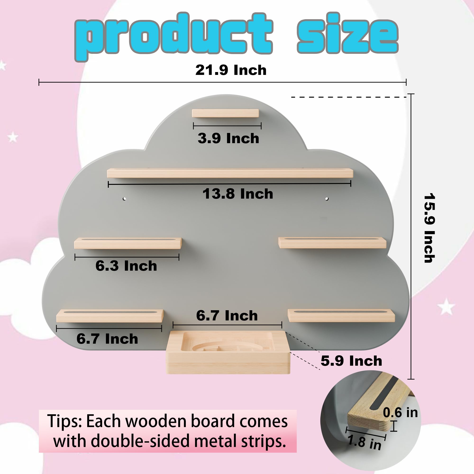 Cloud Tonies Regal für Toniebox-Aufbewahrung – einzigartige schwebende magnetische Wandregale für 20–30 Tonie-Figuren, Buchenholz-Display, Tonie-Regal für Kinder (Grau)