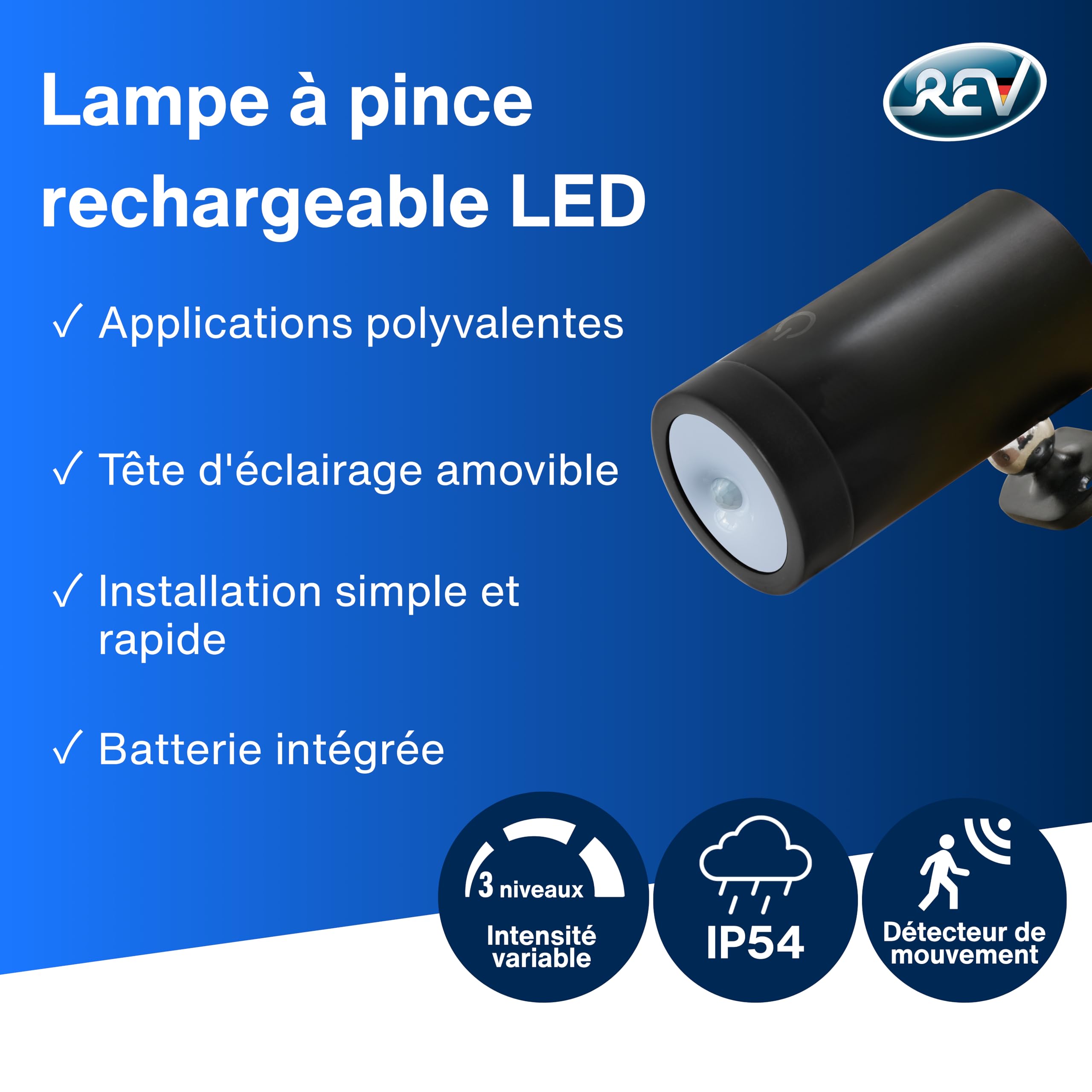 REV Applique murale LED - Lampe murale avec batterie et détecteur de mouvement, 180 lm, sans fil, intensité réglable, pivotante à 360°. Lampe d'appoint - Camping, garage et cave, IP54, noir