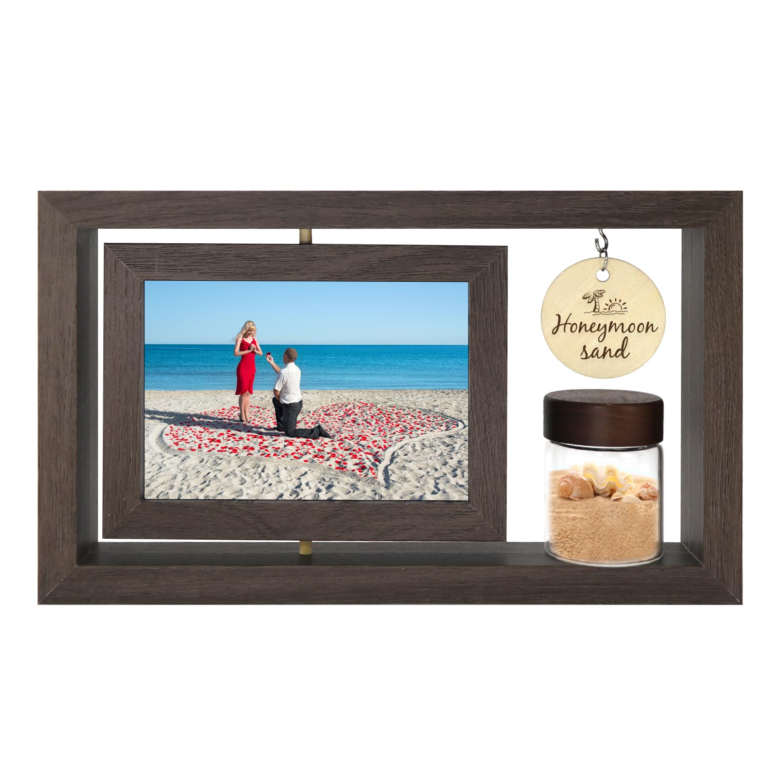 Liannan Customizable Honeymoon Sand Photo Frame – Holds Two 4x6 Inch Pictures with Glass Keepsake Jar for Beach Sand and Seashells – Romantic Wedding Gift, Anniversary Memory Keepsake (brown2)