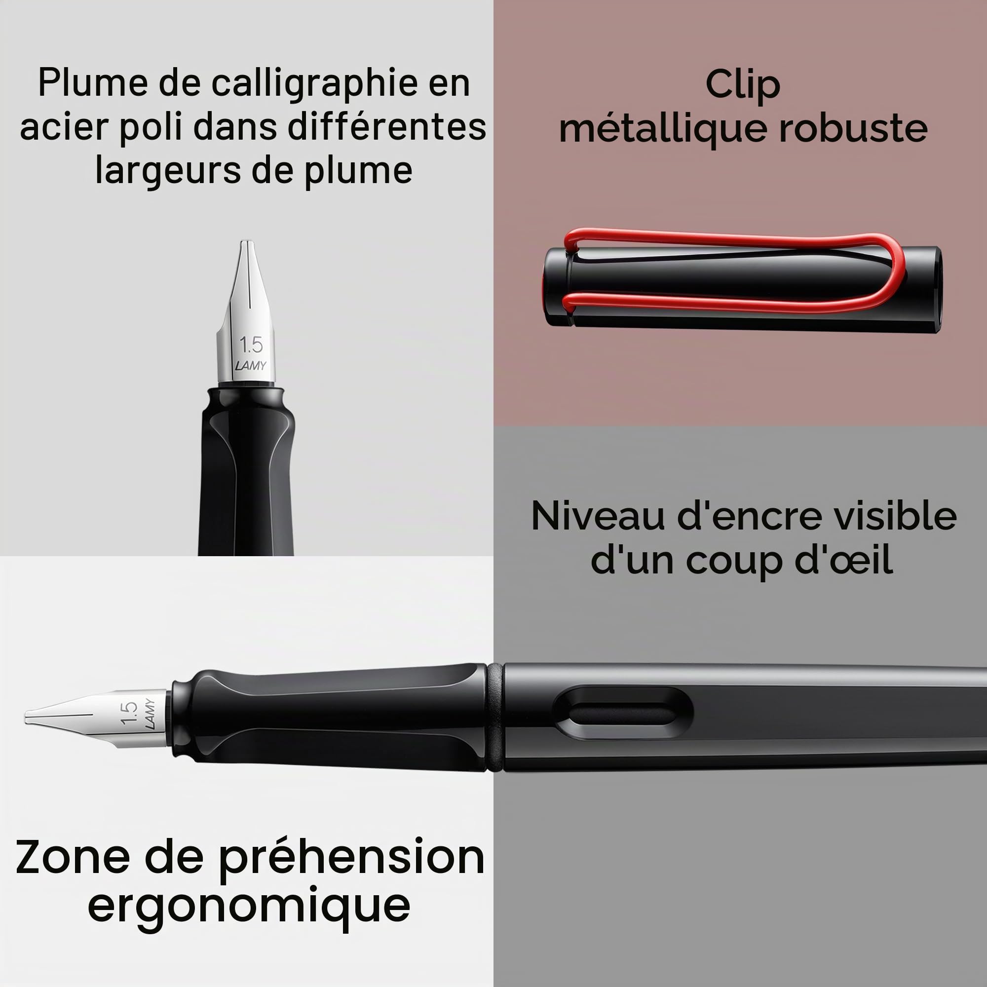 Lamy joy Set stylo plume calligraphie black - stylo plume avec 3 plumes différentes (1.1/1.5/1.9 mm) - Avec plume à traction et grip ergonomique - avec 5 cartouches d'encre bleue T 10