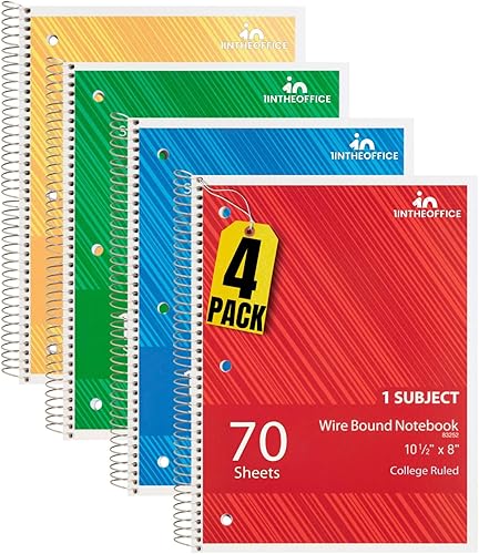 1InTheOffice Cuaderno de espiral con rayas universitarias de 10.5 x 7.5 pulgadas, cuadernos de 1 materia, cuadernos de espiral encuadernados con