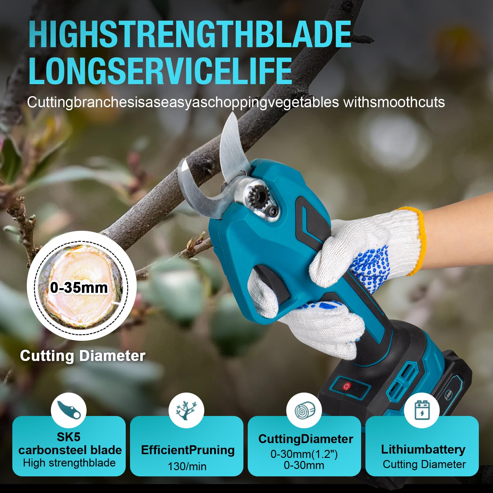 Podadora a batería para Makita 18V, 600 W, tijeras de podar eléctricas profesionales con 2 baterías de 2000 mAh, motor sin escobillas y podómetro LED con diámetro de corte de 35 mm