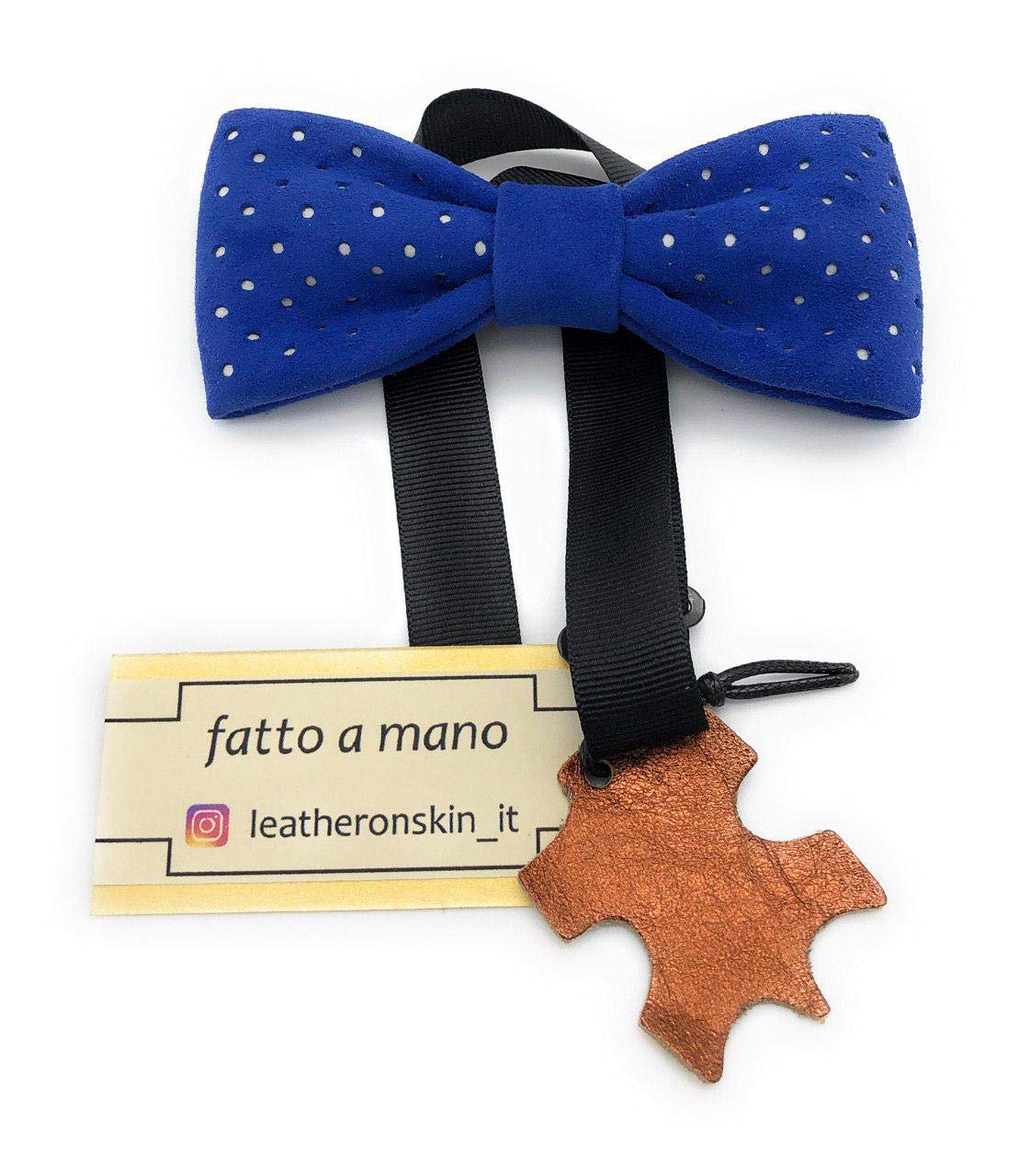 Papillon uomo in Vera Pelle - fatto a mano - Blu reale e pois bianchi