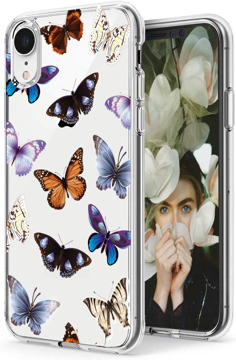 SPEVERT Case Compatible with iPhone XR Case Clear Flower Pattern Printed Design Transparent Hard Back Case with TPU Bumper Cover for iPhone XR 6.1 inches 2018 Released - Butterfly