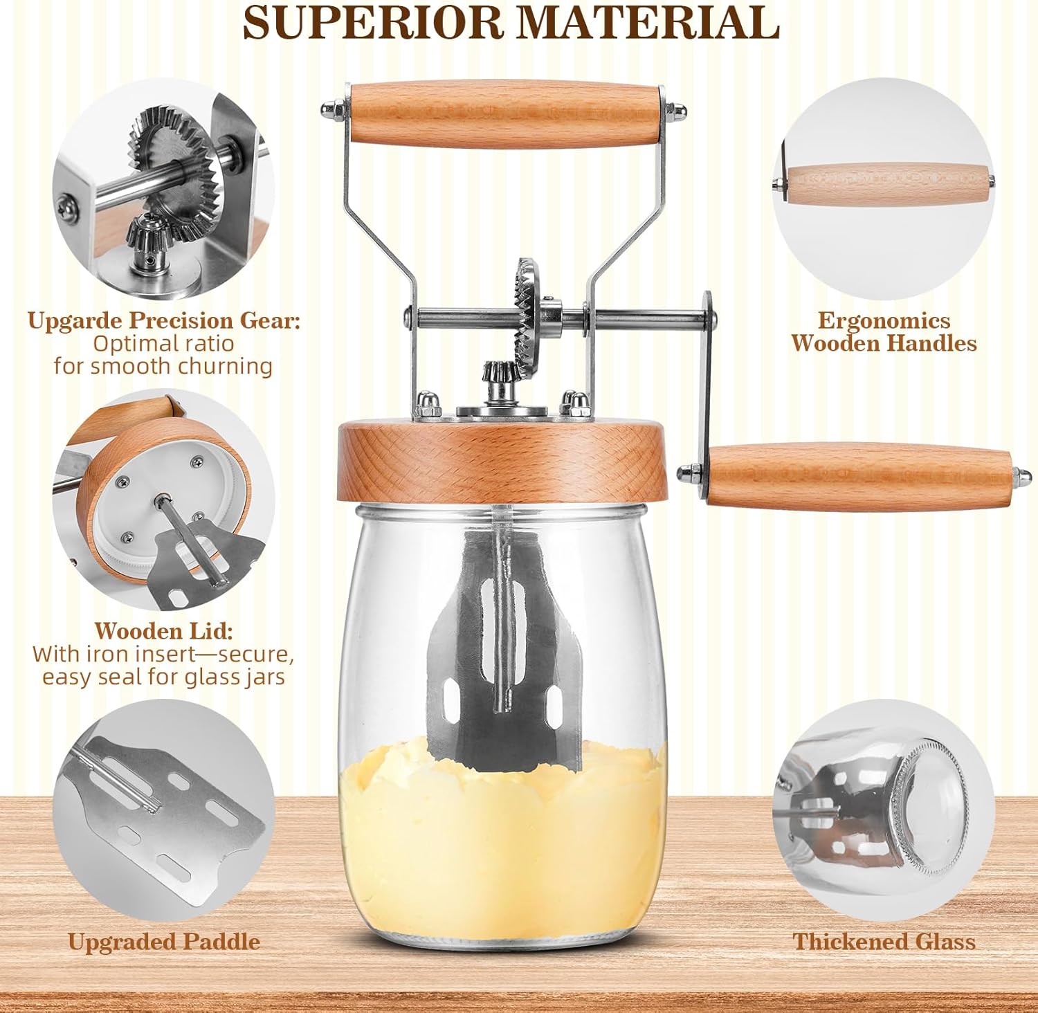 Pro Butter Churner Kit – 35oz Glass Jar with Non-Slip Base, Cheesecloth Strainer, Butter Mold & 2 Wooden Paddles – Make Fresh Homemade Butter, Whipped Cream & Flavored Spreads | DIY Kitchen Gift