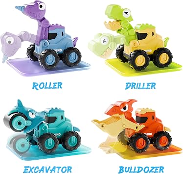 iPlay, iLearn Toddlers Dinosaur Truck Toys, Boys Dinos Press Go Racing Cars | Kids Construction Sandbox Vehicles Playset, Baby Push Go Friction Car Set, Birthday Gift for 18 Month 2 3 4 5 Years Old Child