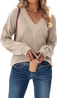Silunma2021 Women V Neck Loose Elegant Long Sleeve Soild Color Lace Casual Top Pullover Sexy Comfortable Long Sleeve