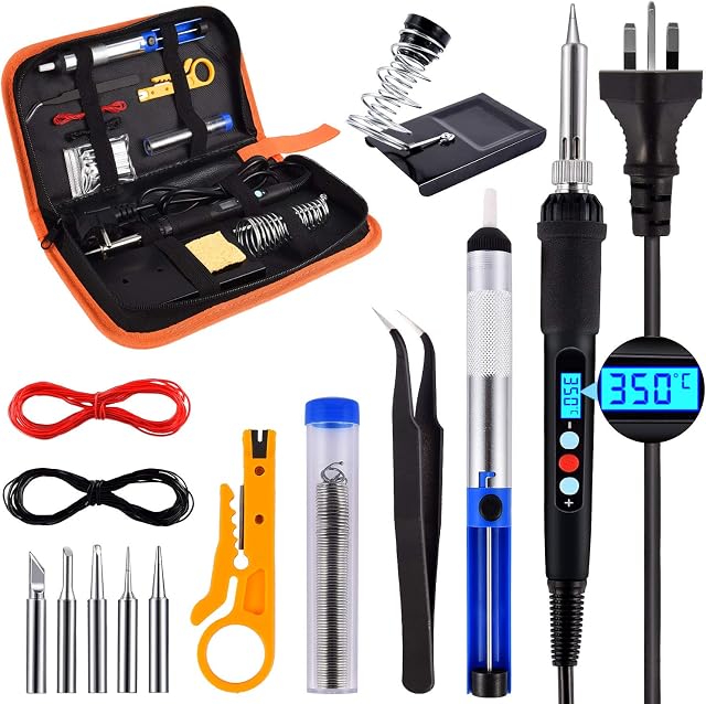 Soldering Iron Kit Welding Tools - 60W 240V with LCD Digital Controlled Screen & ON/Off Switch 180-500 Temperature Adjustable Automatic Sleeping 5 Tips Desoldering Pump Stand Solder Wire Tube
