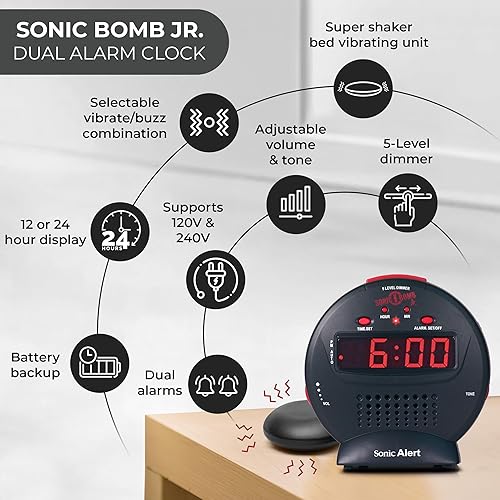 Miniatura 3 de Despertador Sonic Alert SBJ525ss Sonic Bomb Jr., negrorojo