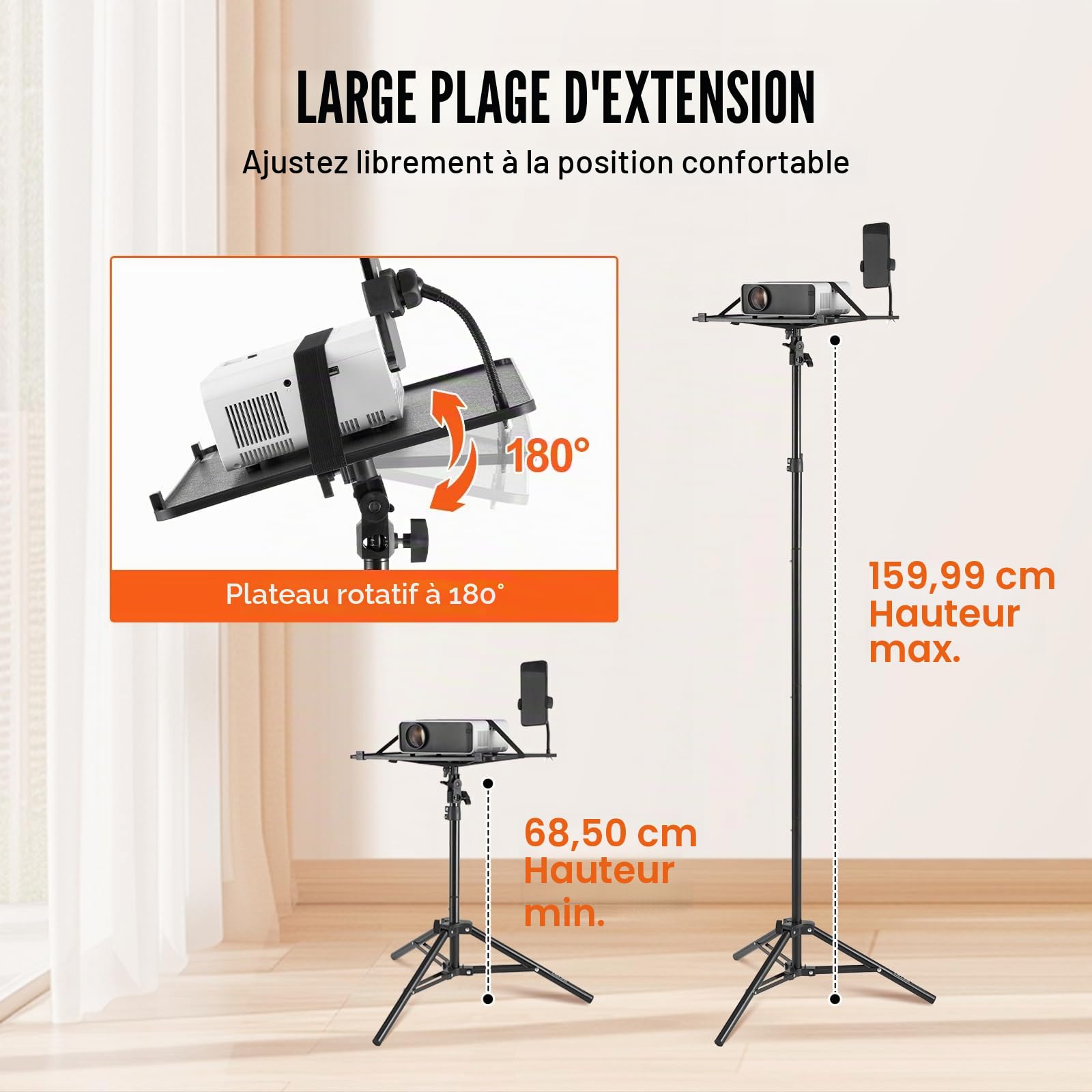 VEVOR Support Trépied Vidéoprojecteur Hauteur Réglable 68,5-160 cm avec Plateau et Support Téléphone
