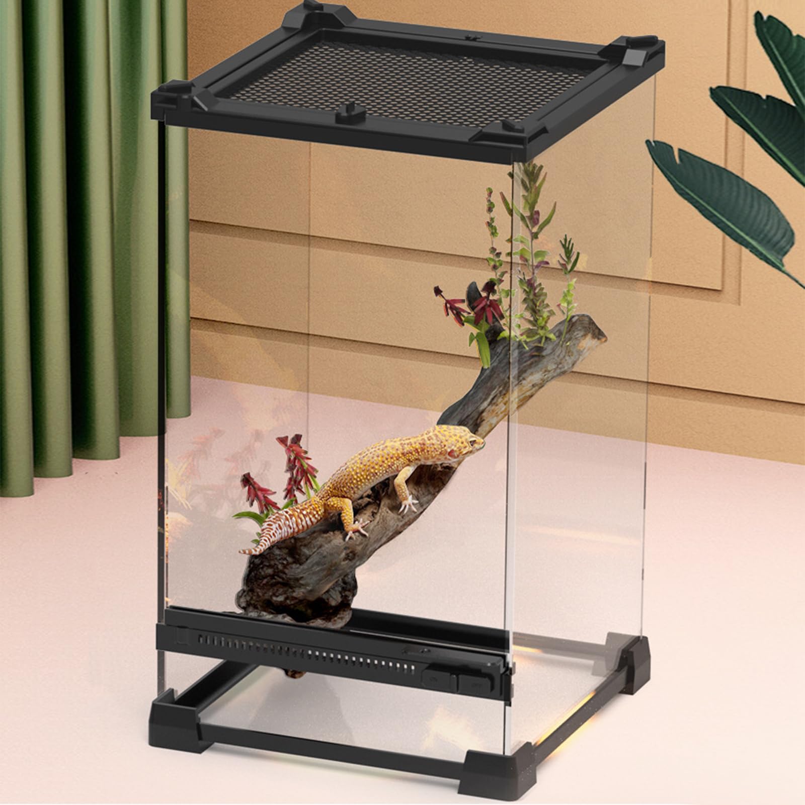 Caja de alimentación para reptiles, terrario con ventilación frontal, terrario de cristal con cierre giratorio a prueba de fugas, recipiente multiusos para reptiles, anfibios, negro, 20 x 20 x 30 cm