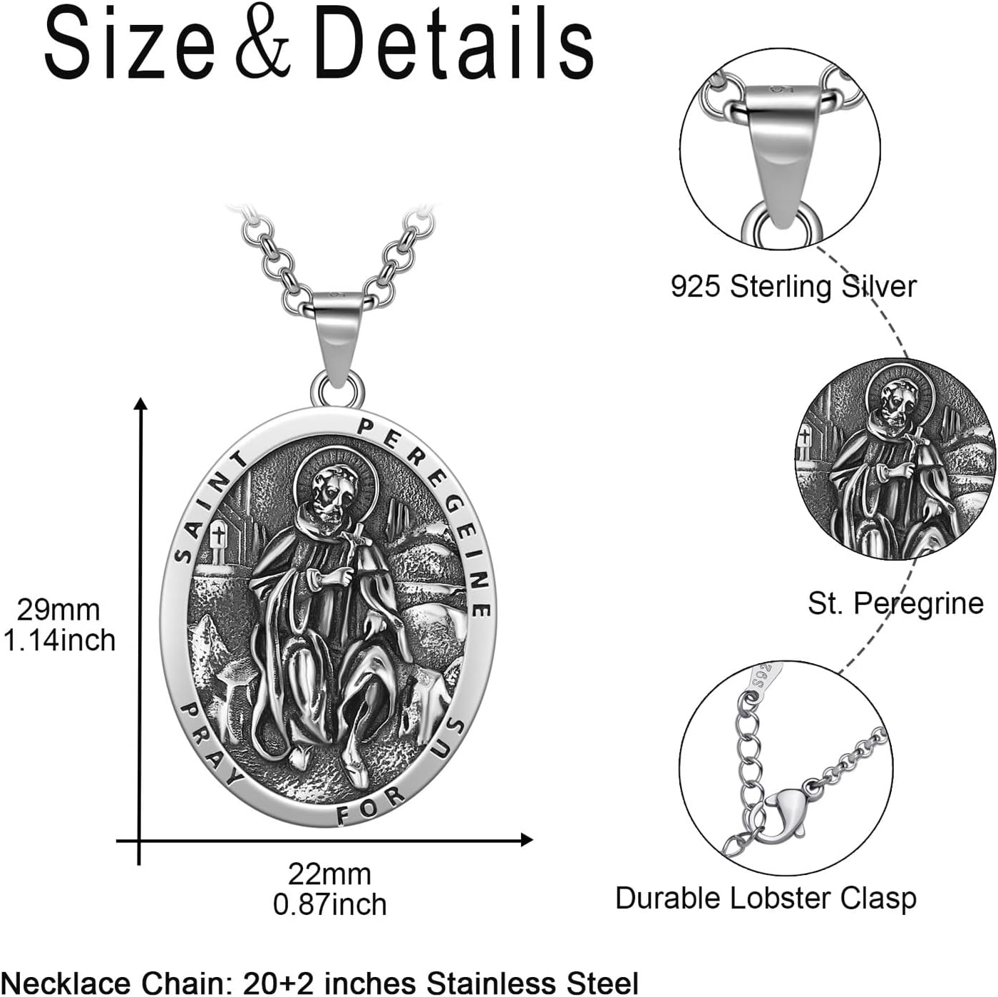 925 Sterling Silver Patron Saint Necklace Amulet Miraculous Medal Pendant Jewelry for Men Women with 2.0mm 20+2" Rolo Chain (with Gift Box) - Image 4