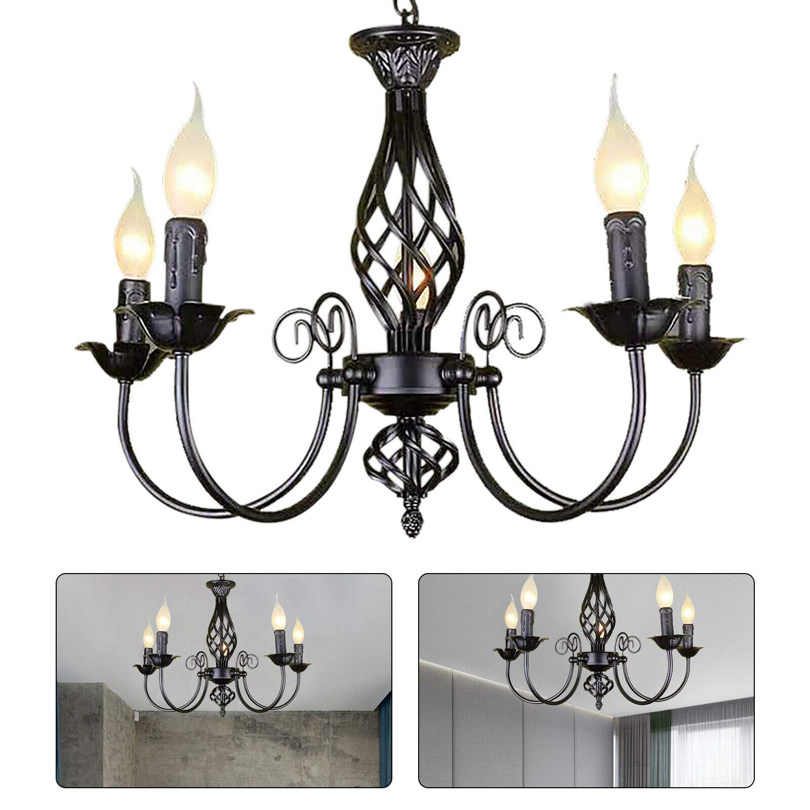 Lampadario classico rétro, in ferro, a 5 bracci, E27, per illuminazione interna, per soggiorno, camera da letto, cucina, in nero