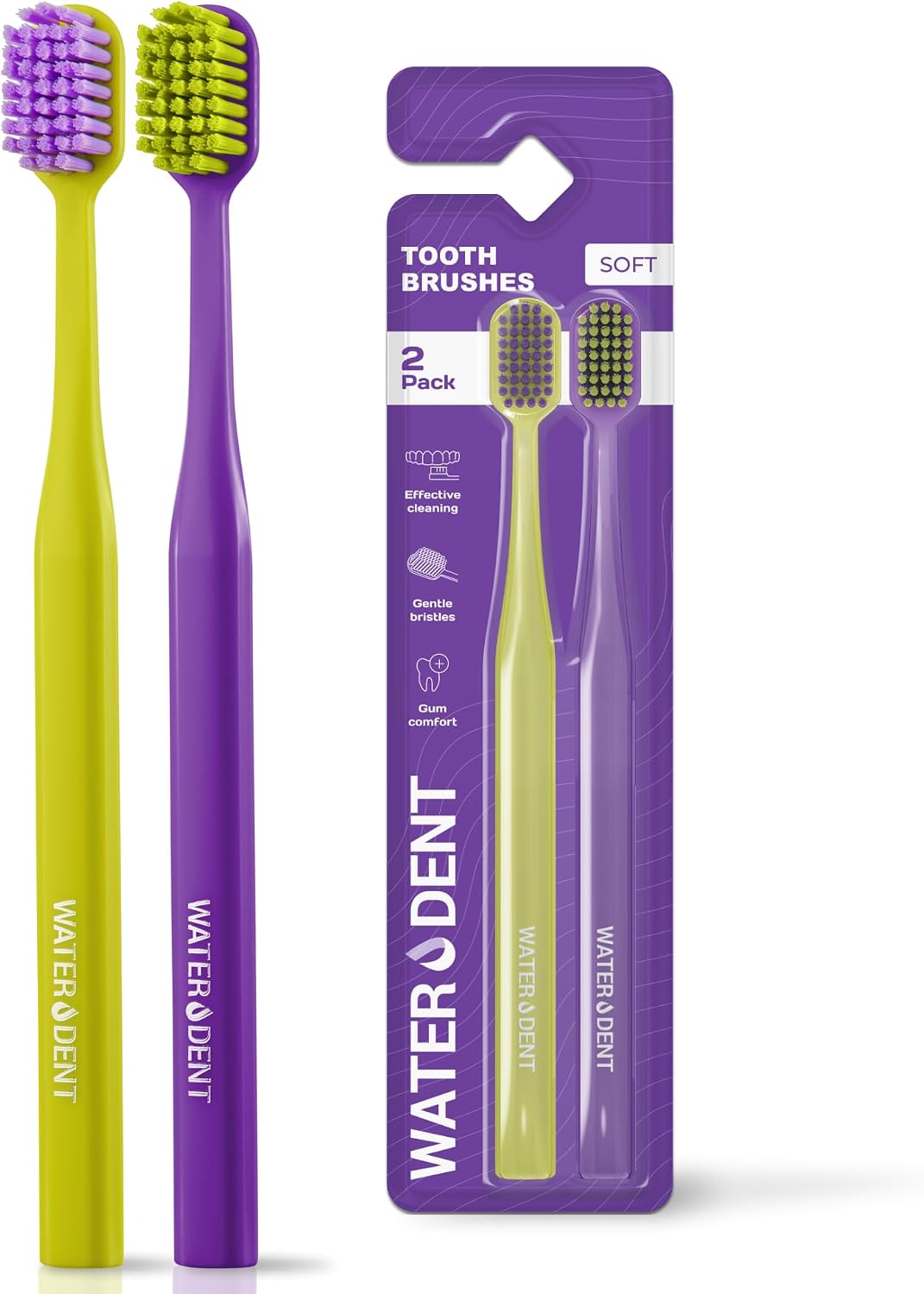 WATER DENT Medium Soft Toothbrush for Adults | Ultra-Dense Rounded Bristles | Gentle on Gums | Deep Plaque Removal | Whiter Smile | Suitable for Braces | 2 Pack Multicolor
