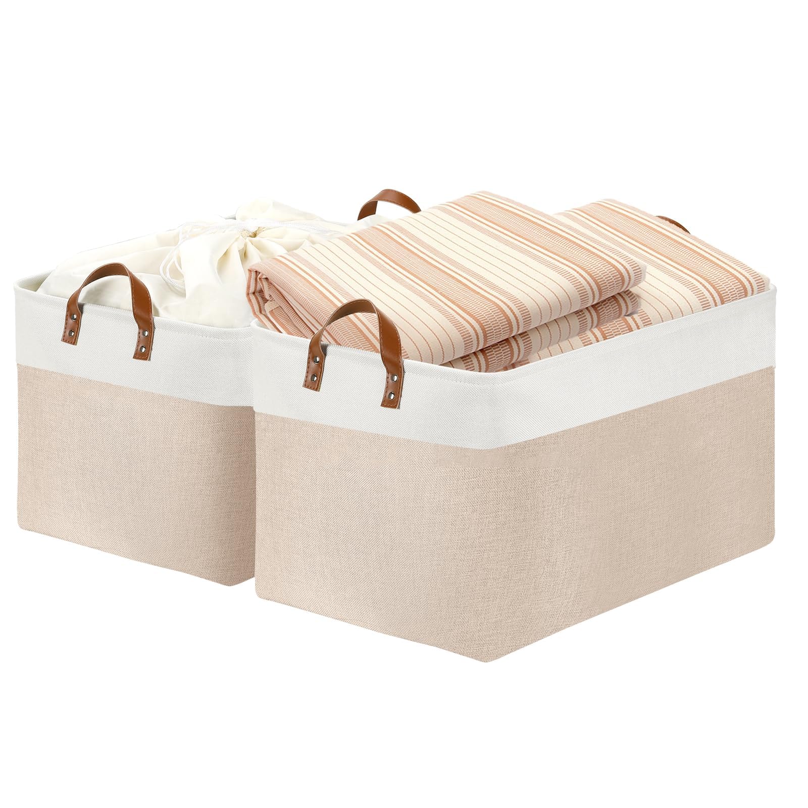DULLEMELO Extra Large Baskets for Organizing, 22" X 15" X 13" Rectangle Fabric Storage Bins, Foldable Blanket Basket Living Room, Large Kids Toy Storage Organizer Bins, Baby Basket Gift (White&Khaki)
