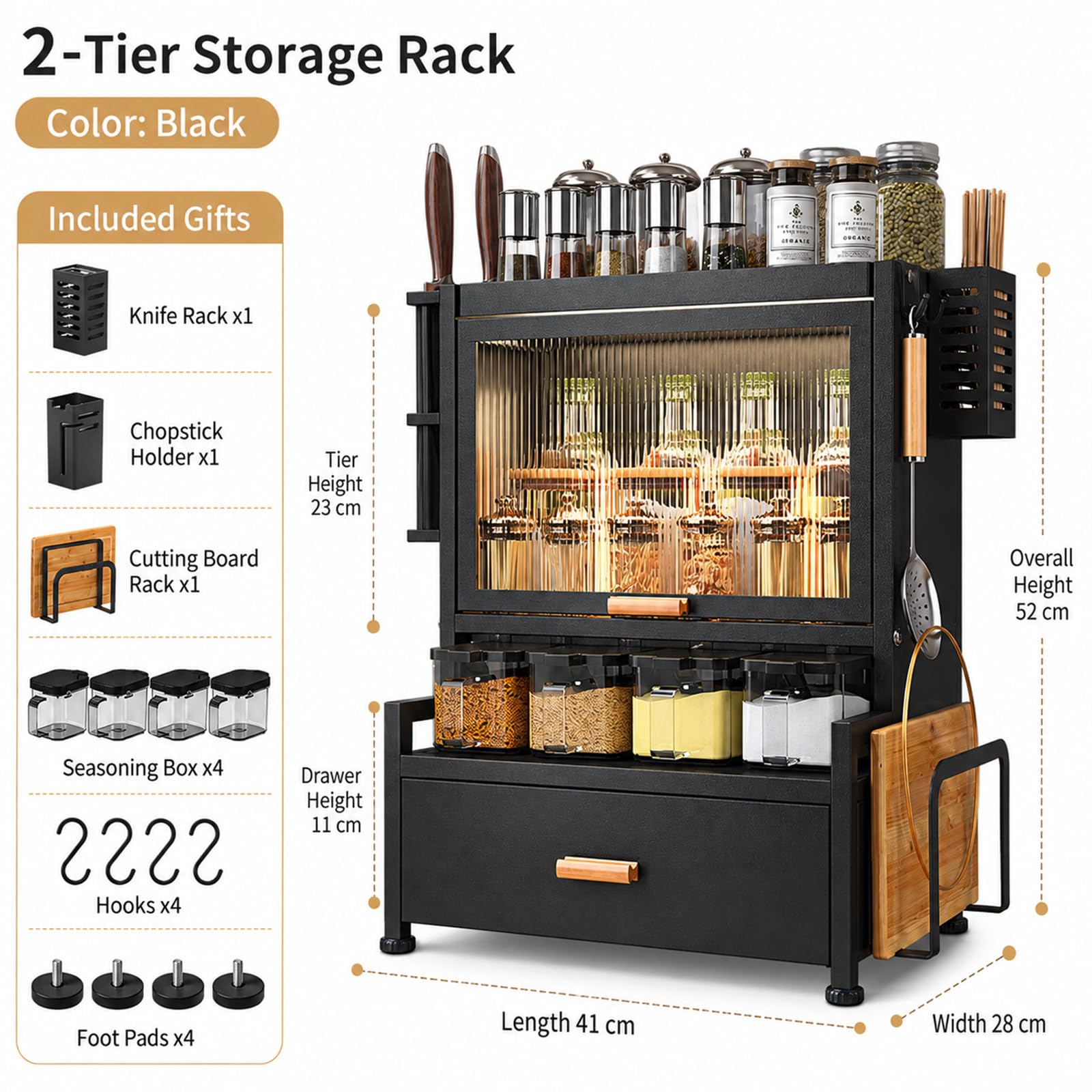 Étagère à Épices Coulissante, Meuble de Cuisine pour Plan de Travail Black-2-Tier