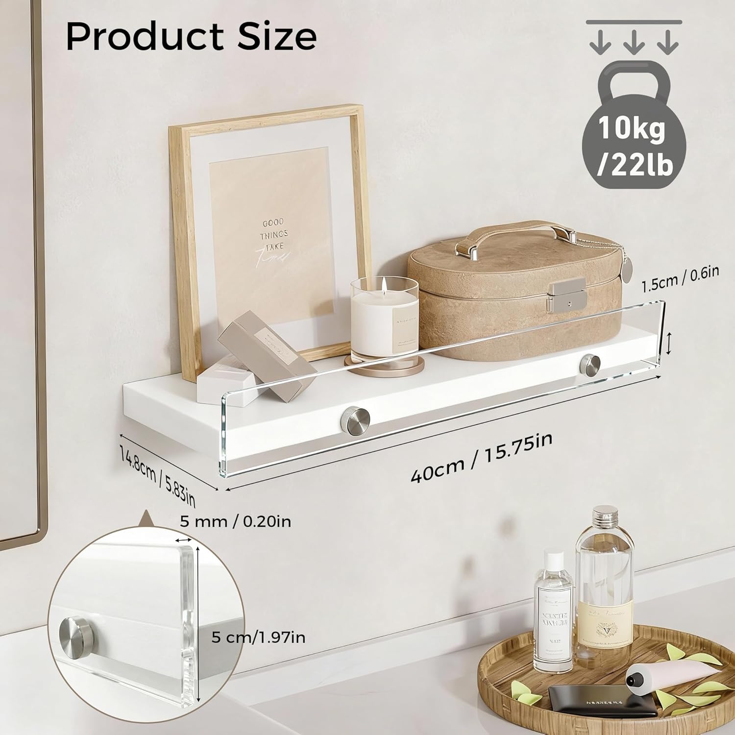 Floating Shelves with Acrylic Front Lip，15.7 IN Wall Shelves for Decor Storage Set of 3， Wall Mounted Wood Shelf for Bedroom, Living Room, Bathroom, Kitchen, Picture Shelf, White