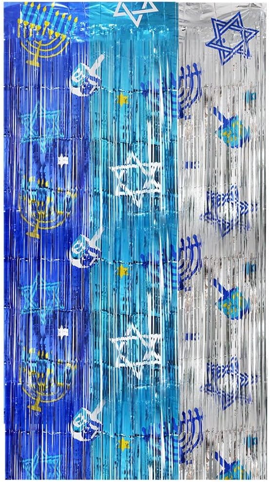 Hanukkah Decorations Backdrop, Menorah Dreidel Star of David Metallic Tinsel Foil Fringe Curtains Streamers Backdrop for Chanukah Jewish Party Decor