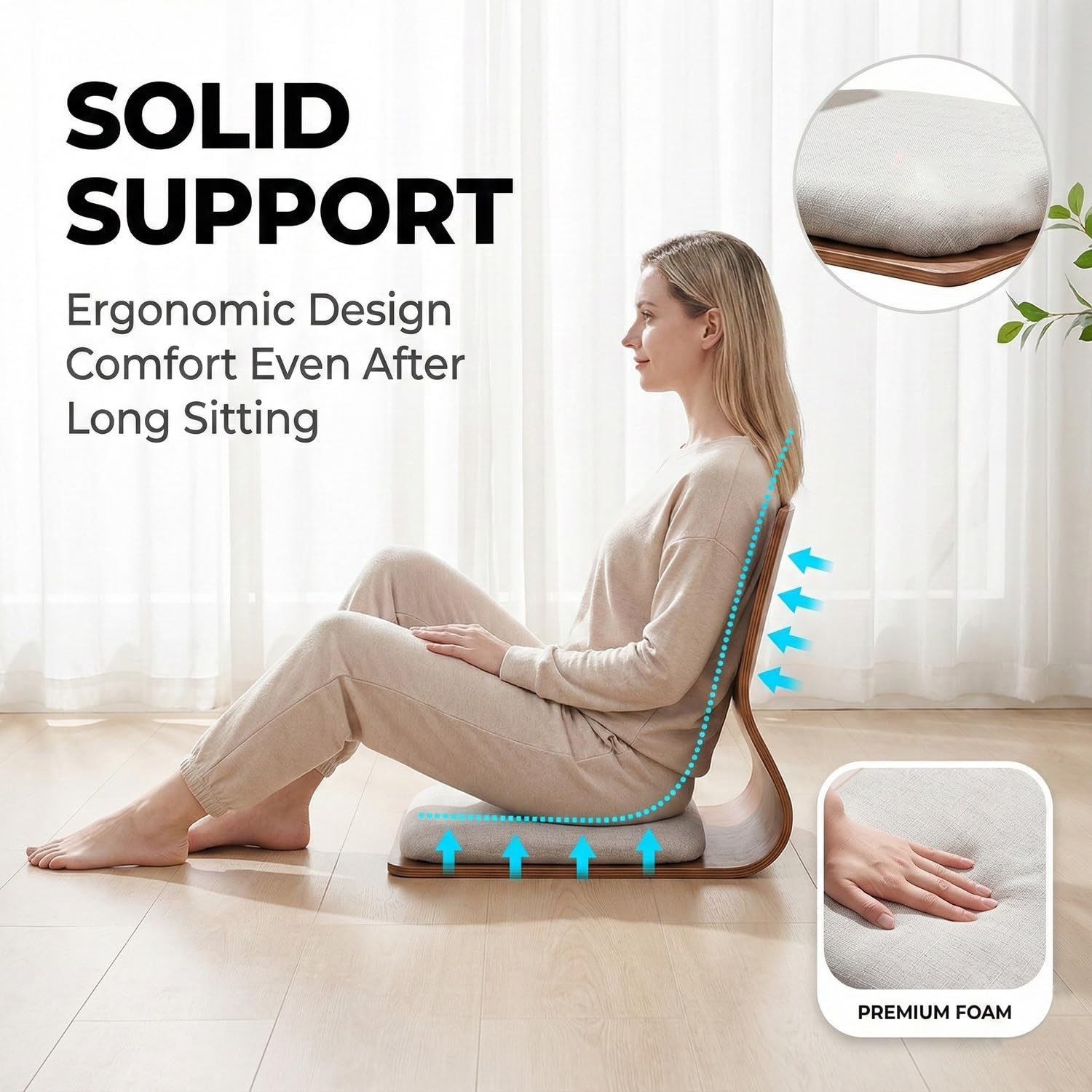Zaisu Japanischer Bodenstuhl mit Lendenwirbelstütze, Ergonomischer Tatami Sitz aus Holz ohne Beine, Tragbarer Stuhl für Meditation, Lesen, Gaming
