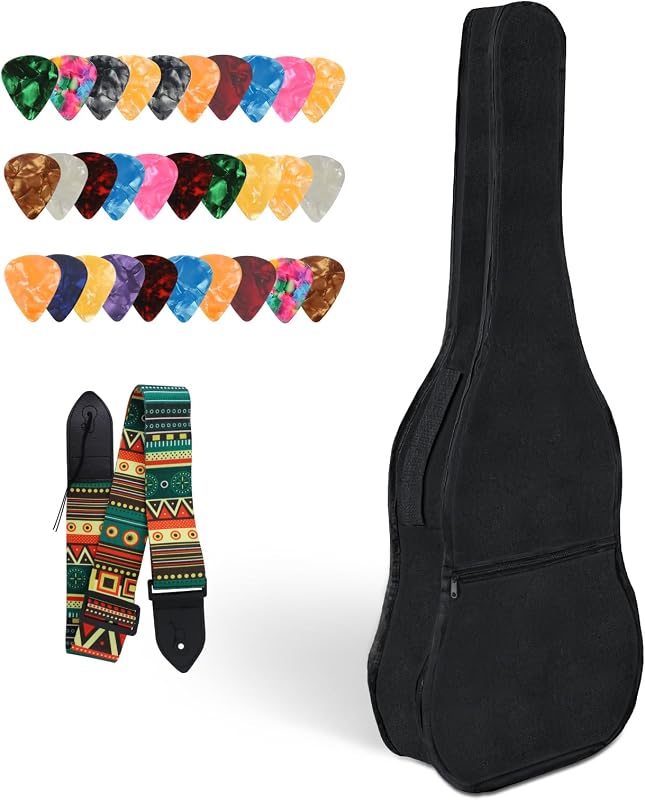 41 Inches Guitar Dust Cover Bag, Guitar Accessories Kit - Guitar Bag, Adjustable Strap,30 Picks 3 Different Thickness, Acoustic Guitar Case Gig Bag (Black)