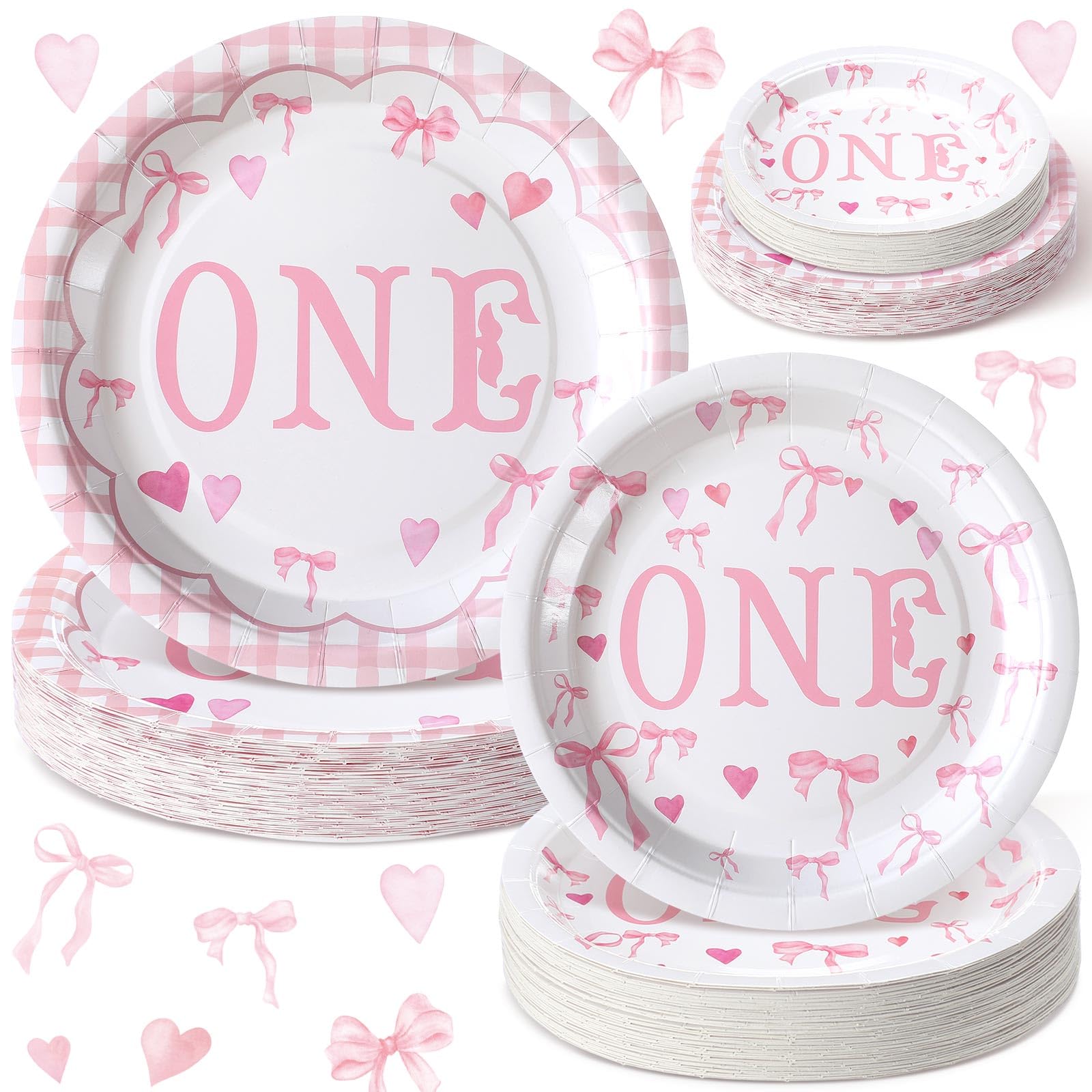 Pickmesh 72 Pcs 1st Pink Bow Party Plates Coquette Birthday Supplies 7" 9" Bow Theme Party Decorations Disposable Dessert Plates for Baby Shower