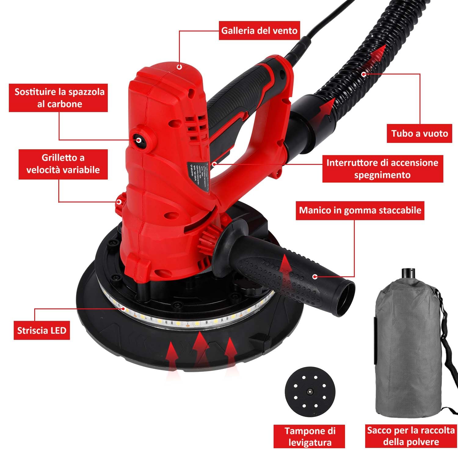 Geevorks Levigatrice per Muro, 850W Levigatrice a Secco Velocità Variabile 1500-2600 Giri al Minuto, Aspirazione Polvere Automatica con Luce a LED, Doppio Manico, Sacco di Raccolta e12 Dischi Abrasivi